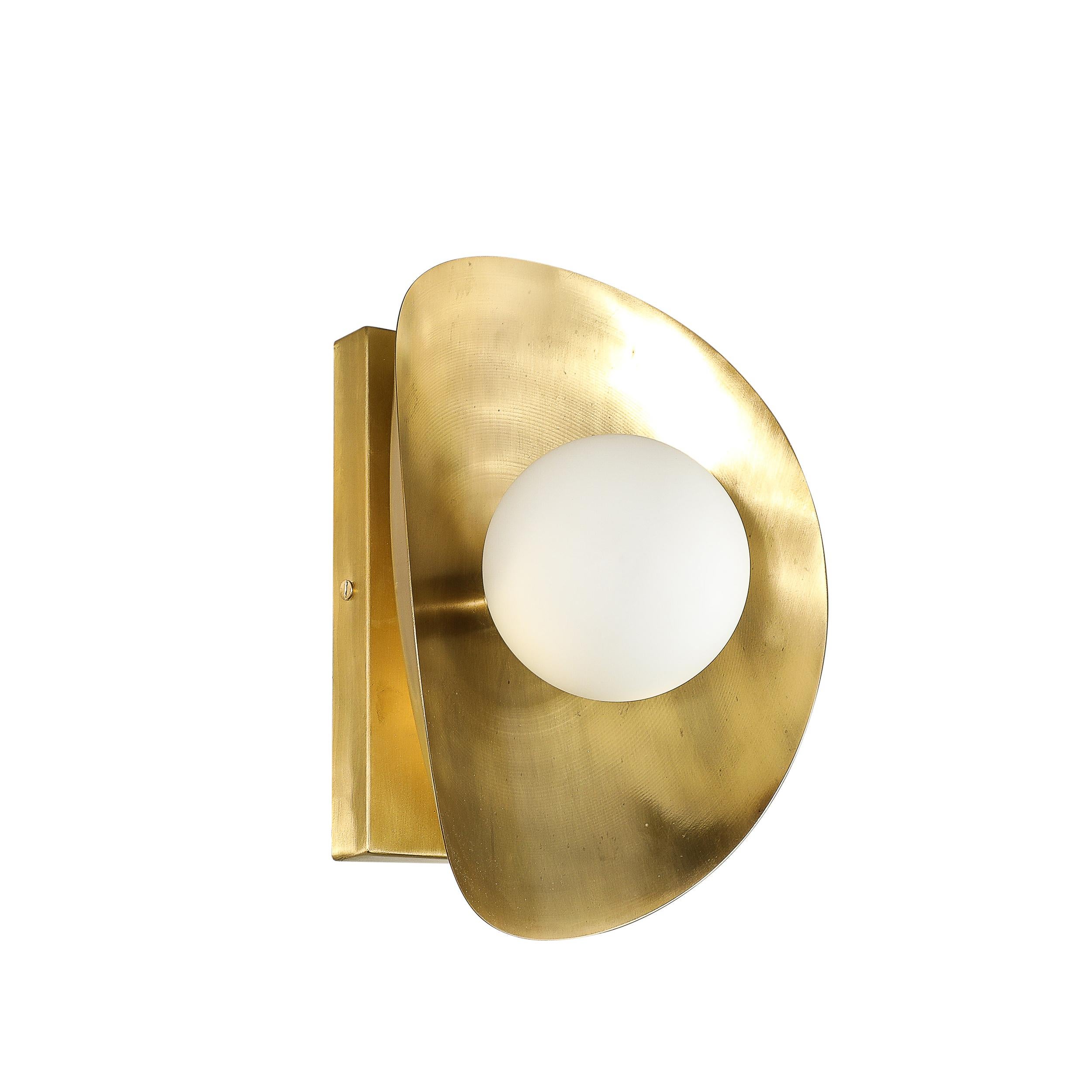 American Pair of Mid-Century Modernist Shield Form Brushed Brass & Frosted Glass Sconces