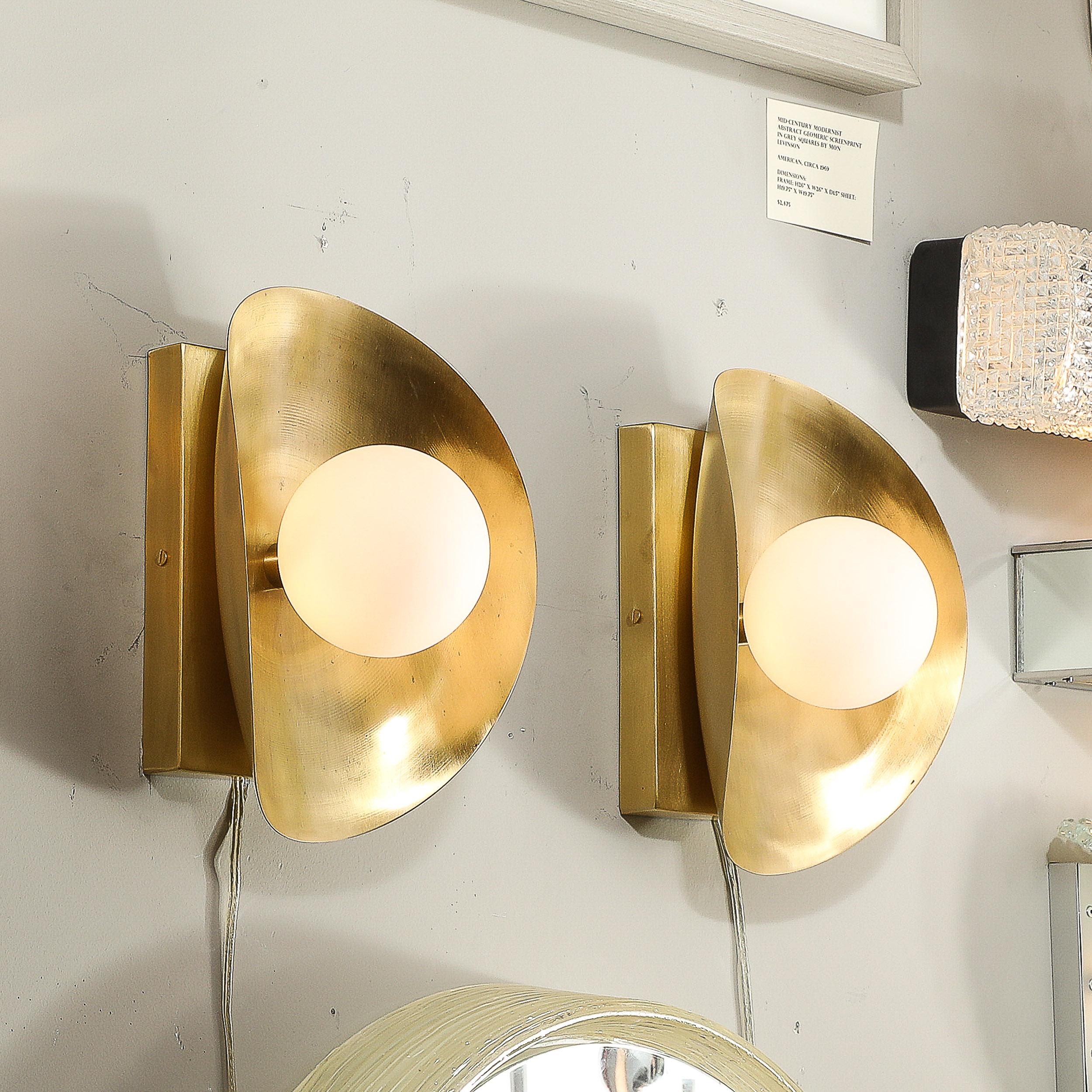 20th Century Pair of Mid-Century Modernist Shield Form Brushed Brass & Frosted Glass Sconces