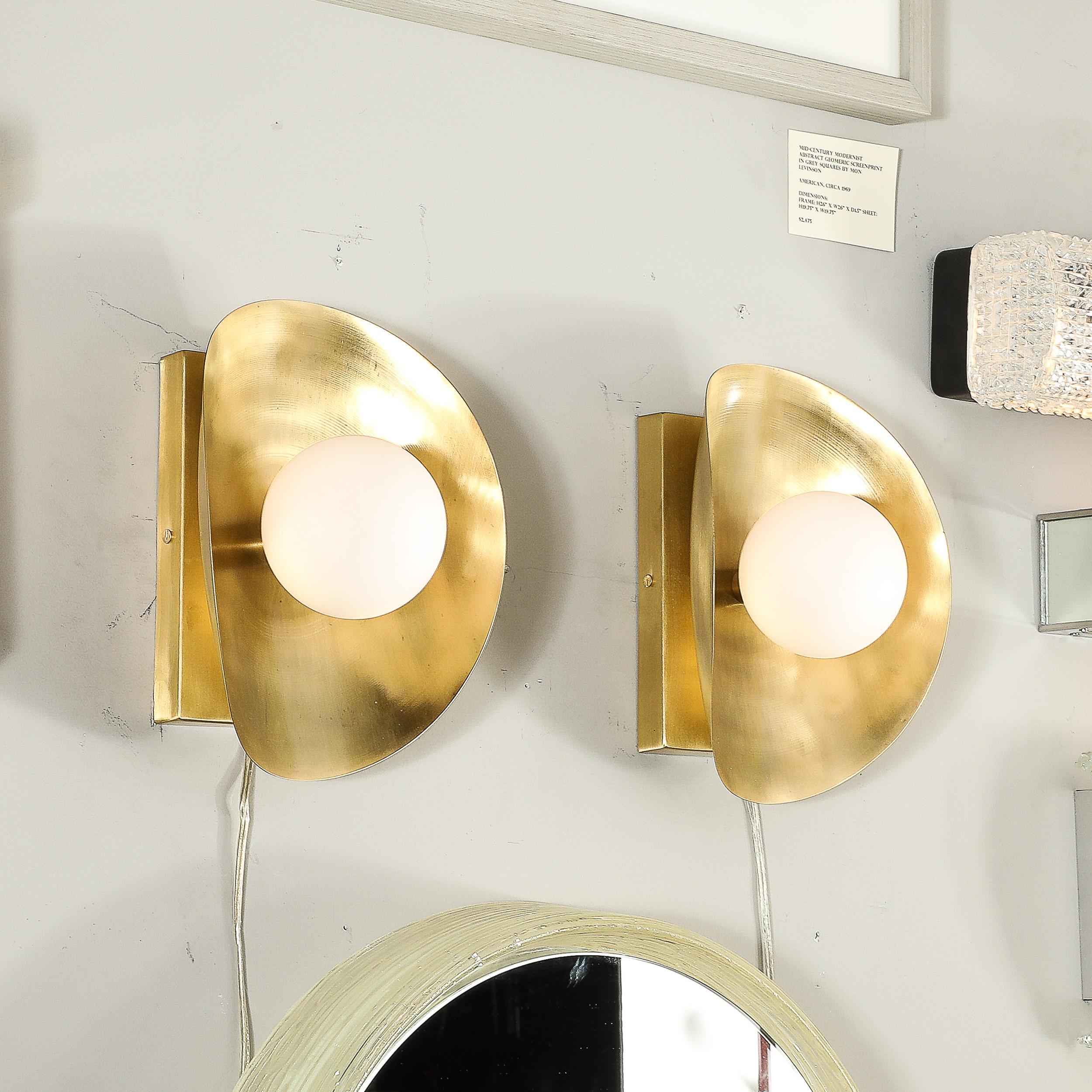 Pair of Mid-Century Modernist Shield Form Brushed Brass & Frosted Glass Sconces 1
