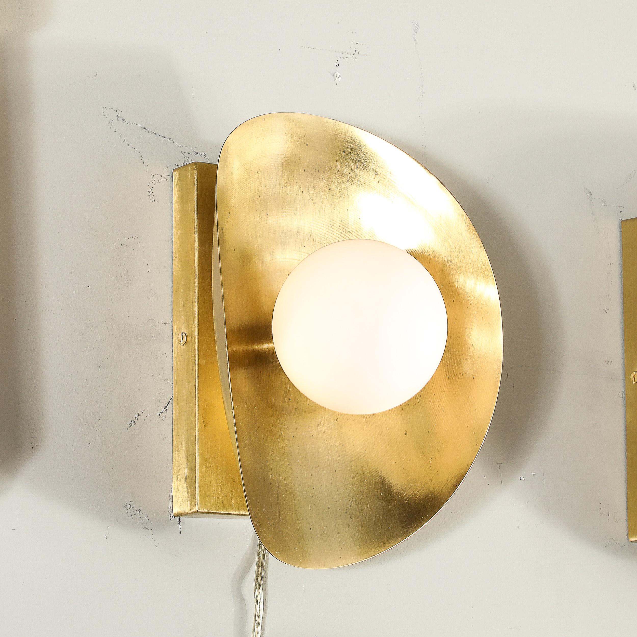 Pair of Mid-Century Modernist Shield Form Brushed Brass & Frosted Glass Sconces 2