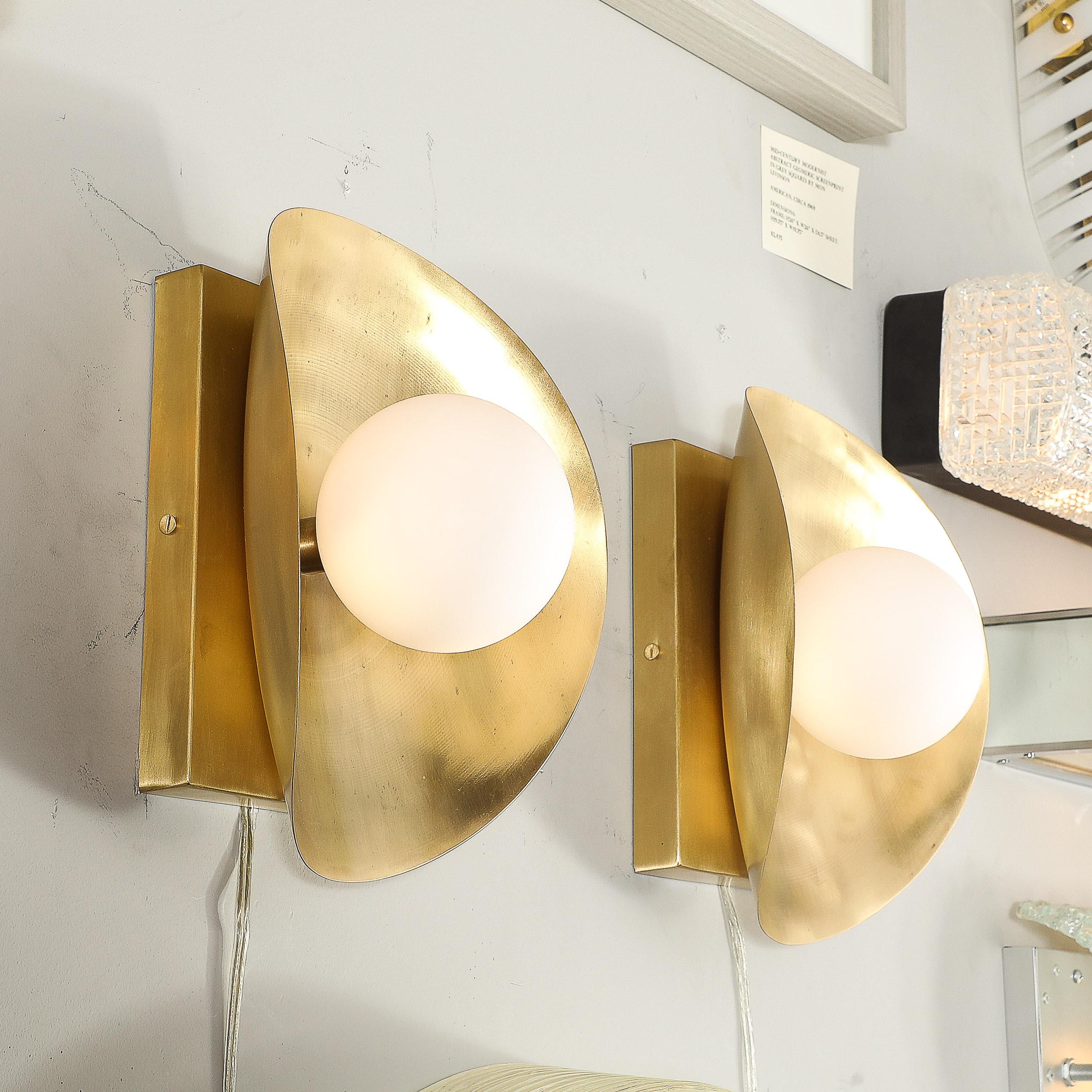 Pair of Mid-Century Modernist Shield Form Brushed Brass & Frosted Glass Sconces 4