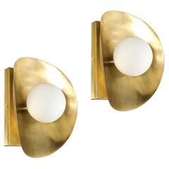 Pair of Mid-Century Modernist Shield Form Brushed Brass & Frosted Glass Sconces