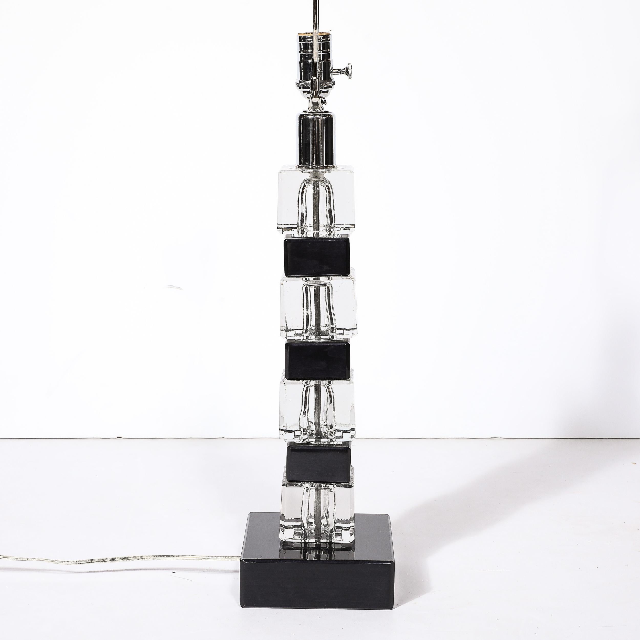 Pair of Mid-Century Modernist Stacked Black Lacquer and Glass Cube Table Lamps 4