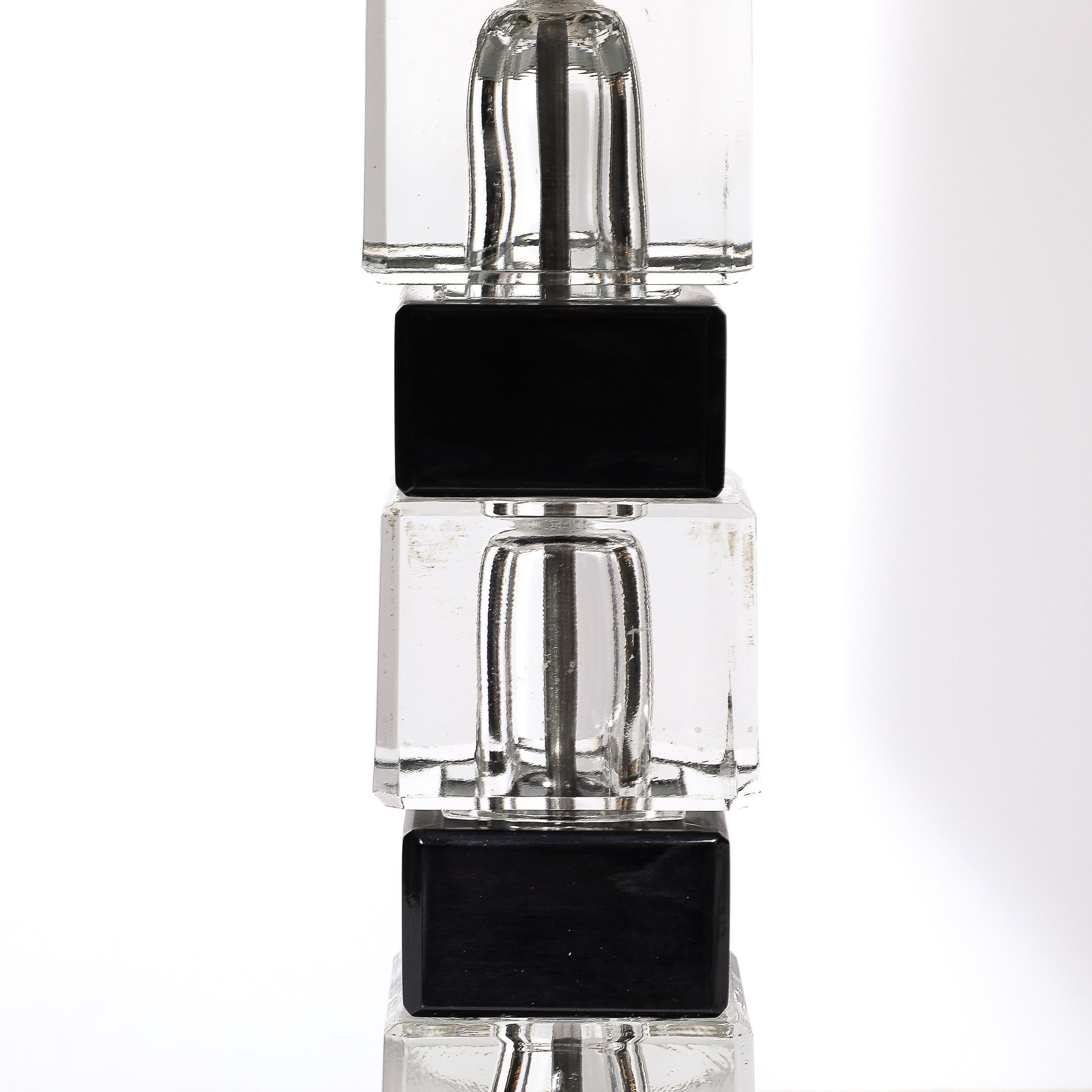 Late 20th Century Pair of Mid-Century Modernist Stacked Black Lacquer and Glass Cube Table Lamps