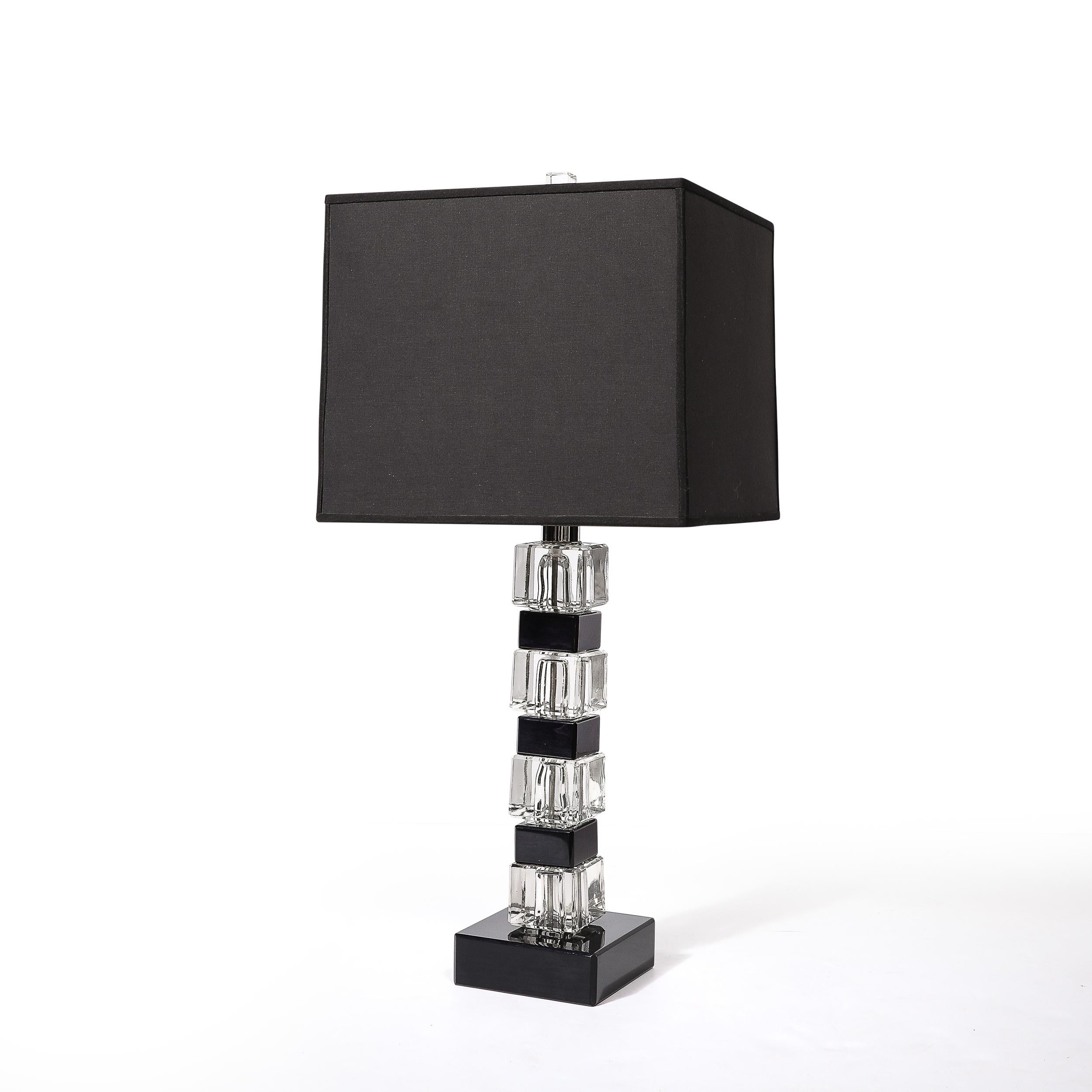 Fabric Pair of Mid-Century Modernist Stacked Black Lacquer and Glass Cube Table Lamps