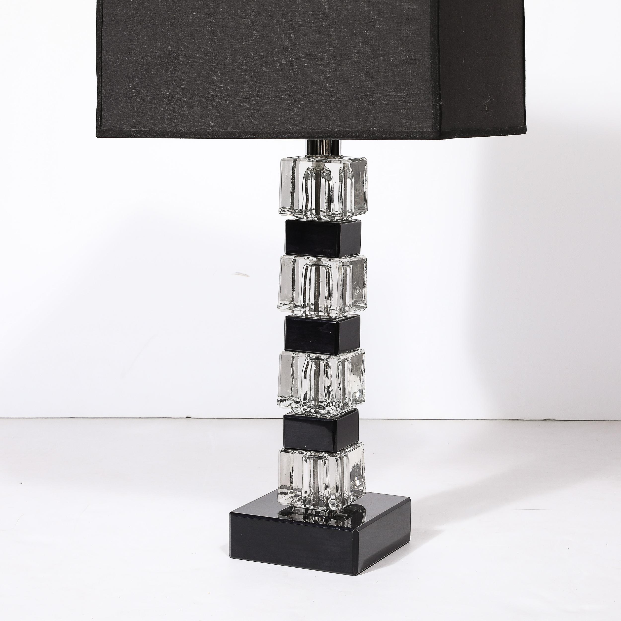 Pair of Mid-Century Modernist Stacked Black Lacquer and Glass Cube Table Lamps 1
