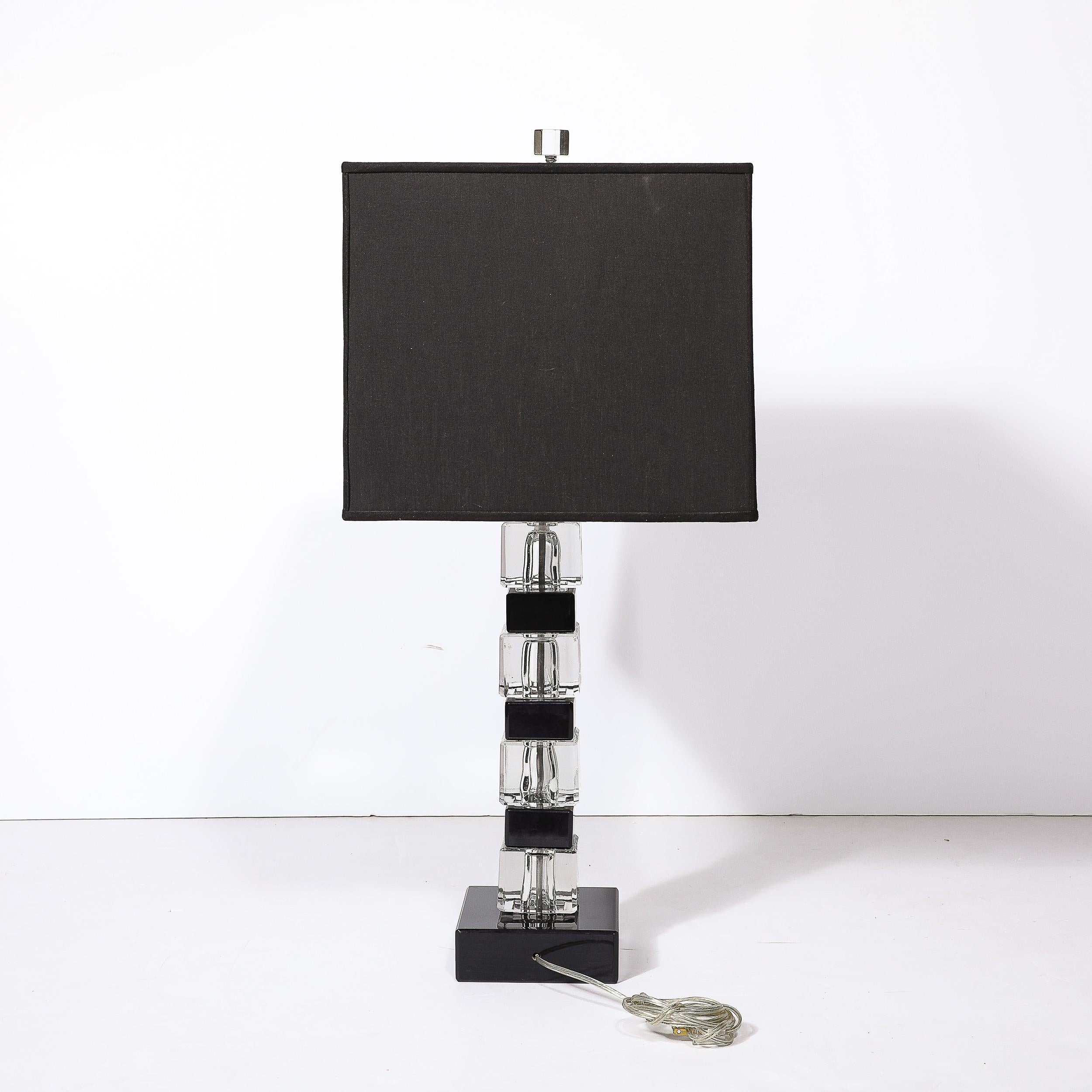 Pair of Mid-Century Modernist Stacked Black Lacquer and Glass Cube Table Lamps 2