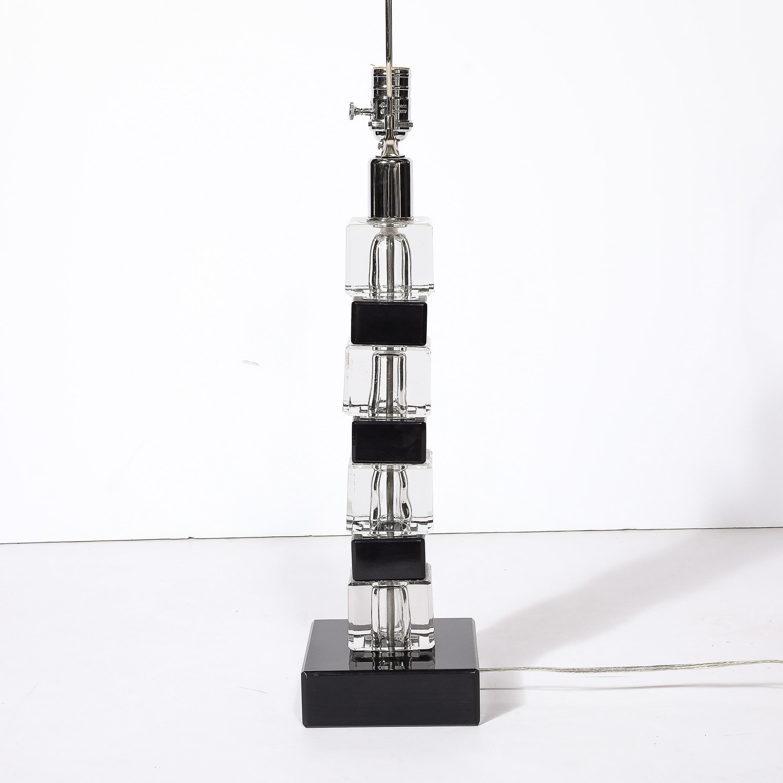 Pair of Mid-Century Modernist Stacked Black Lacquer and Glass Cube Table Lamps 3