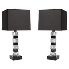 Pair of Mid-Century Modernist Stacked Black Lacquer and Glass Cube Table Lamps