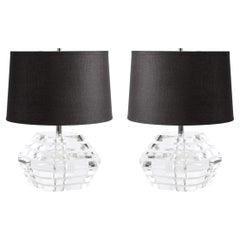 Used Pair of Mid-Century Modernist Stacked & Faceted Lucite Table Lamps