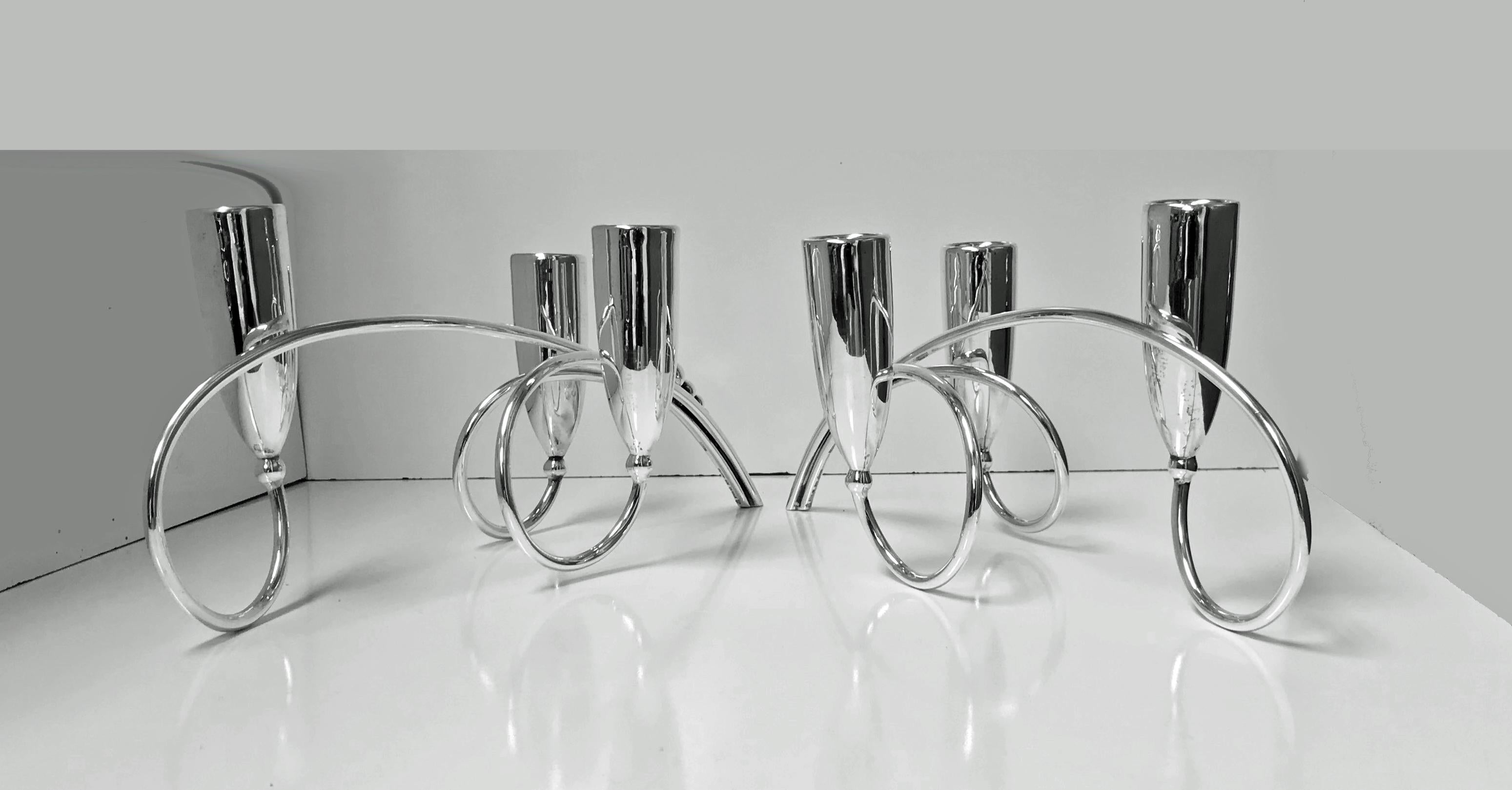 Pair of Mid-Century Modernist Sterling Candelabra Candlesticks Mexico In Good Condition In Toronto, Ontario