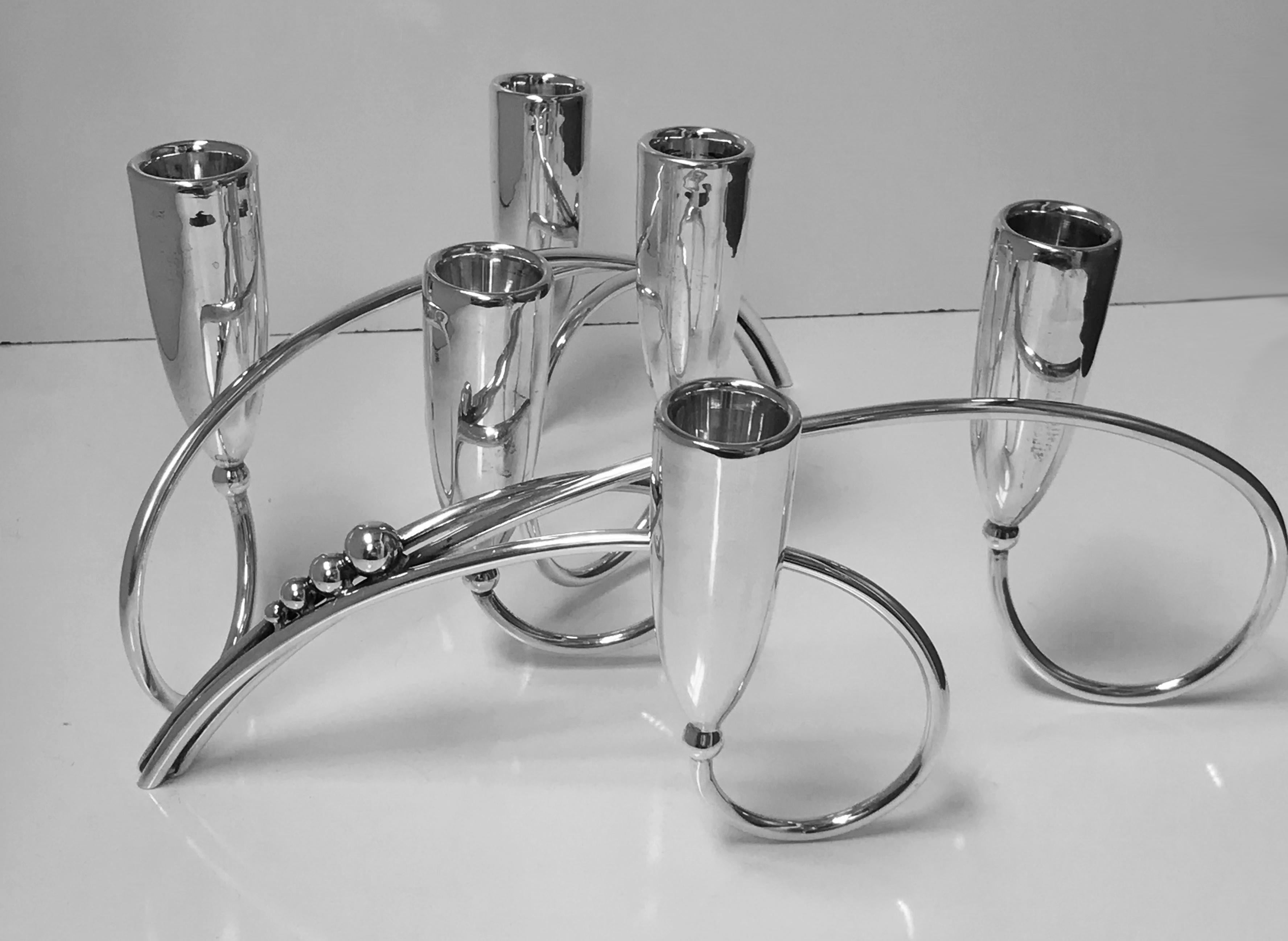 20th Century Pair of Mid-Century Modernist Sterling Candelabra Candlesticks Mexico