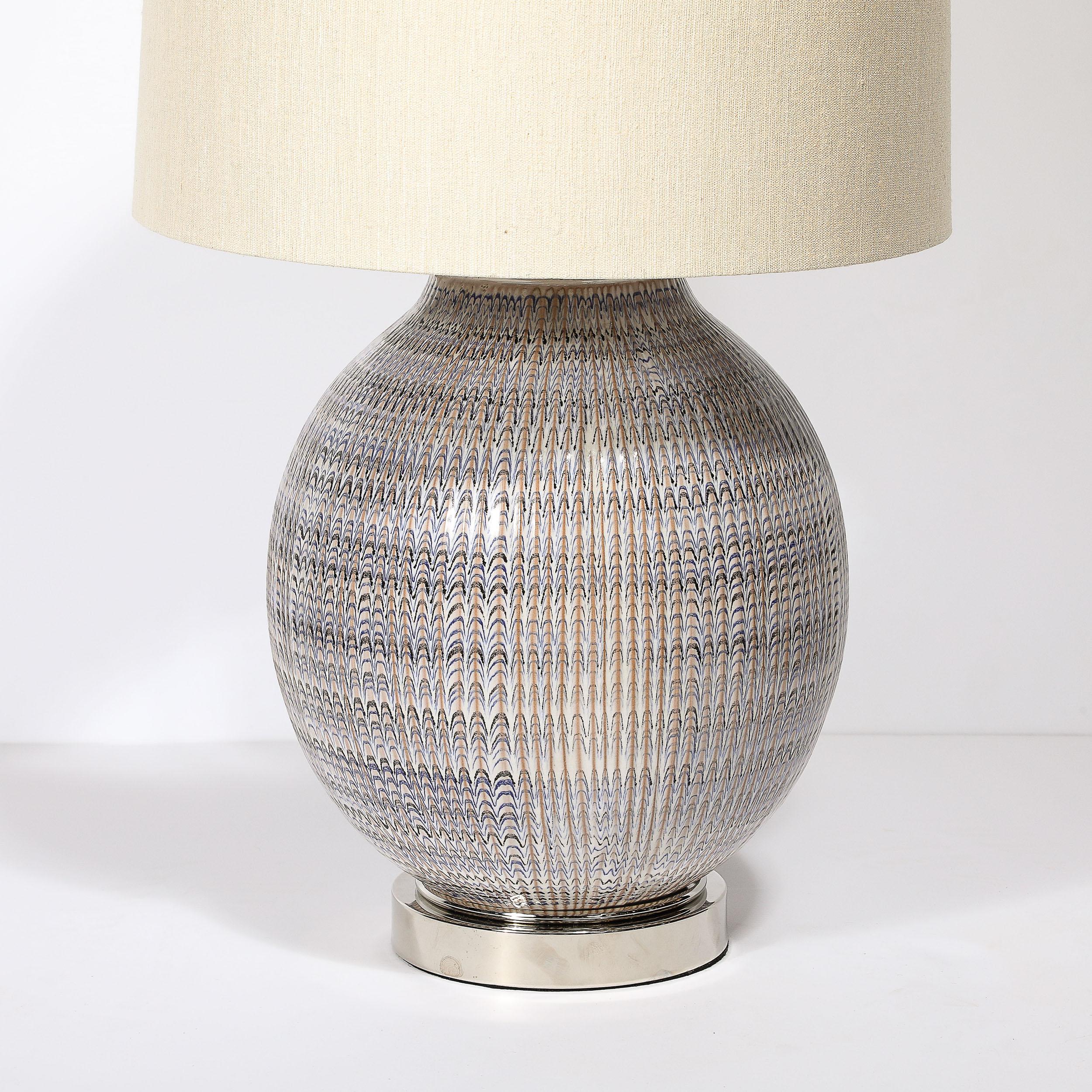 American Pair of Mid-Century Modernist Striated Glazed Ceramic Table Lamps