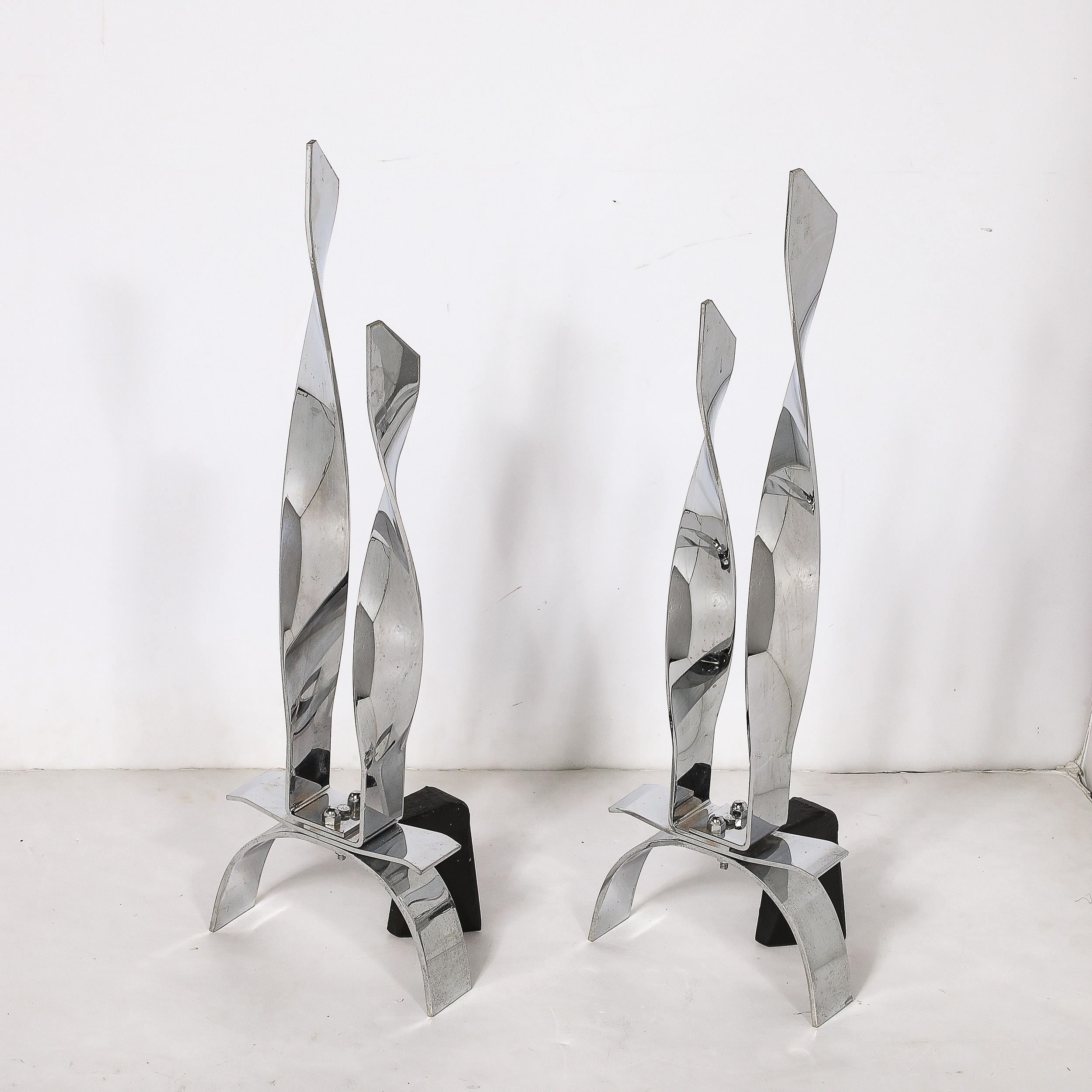 Pair of Mid-Century Modernist Torqued Flame Andirons in Polished Chrome For Sale 5