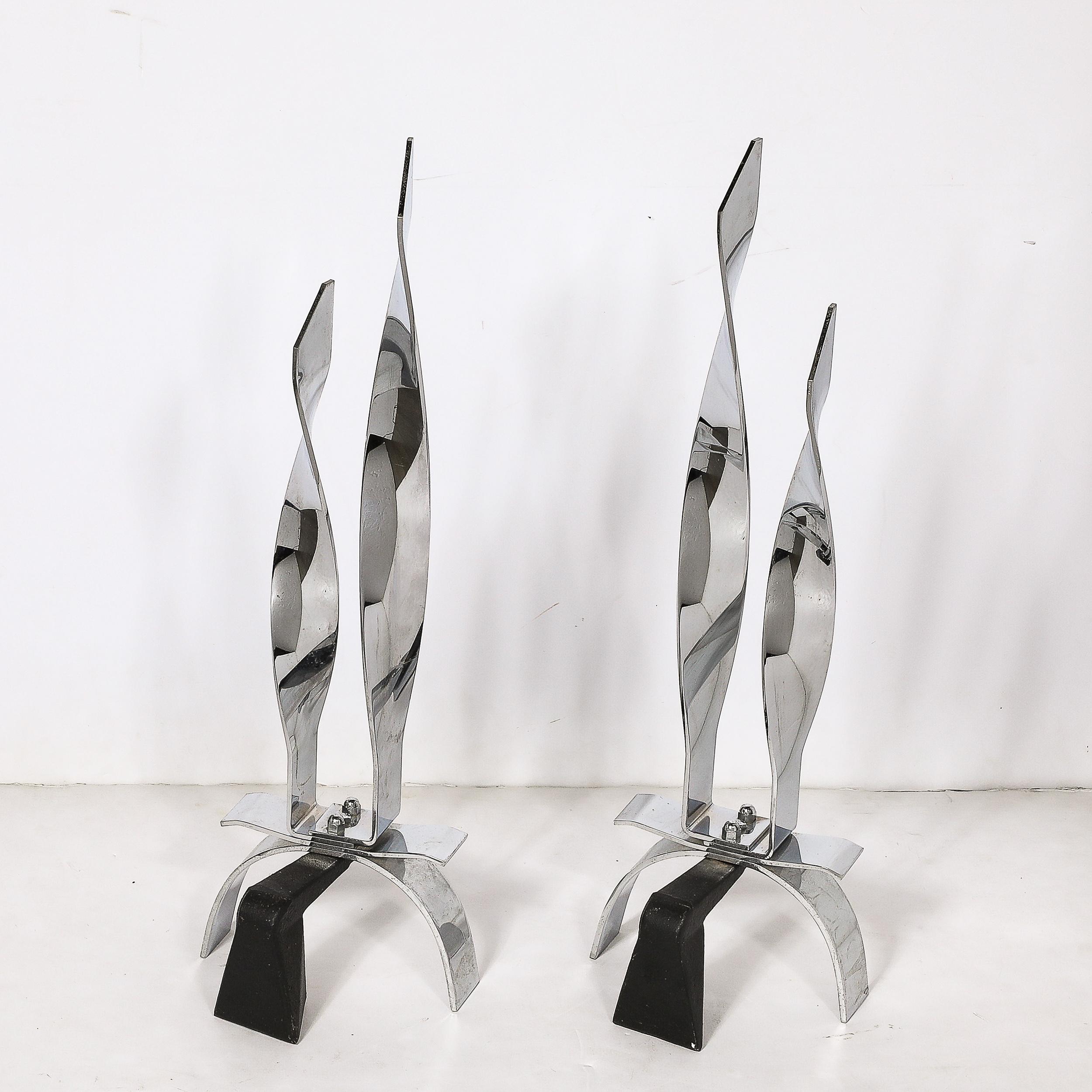 American Pair of Mid-Century Modernist Torqued Flame Andirons in Polished Chrome For Sale