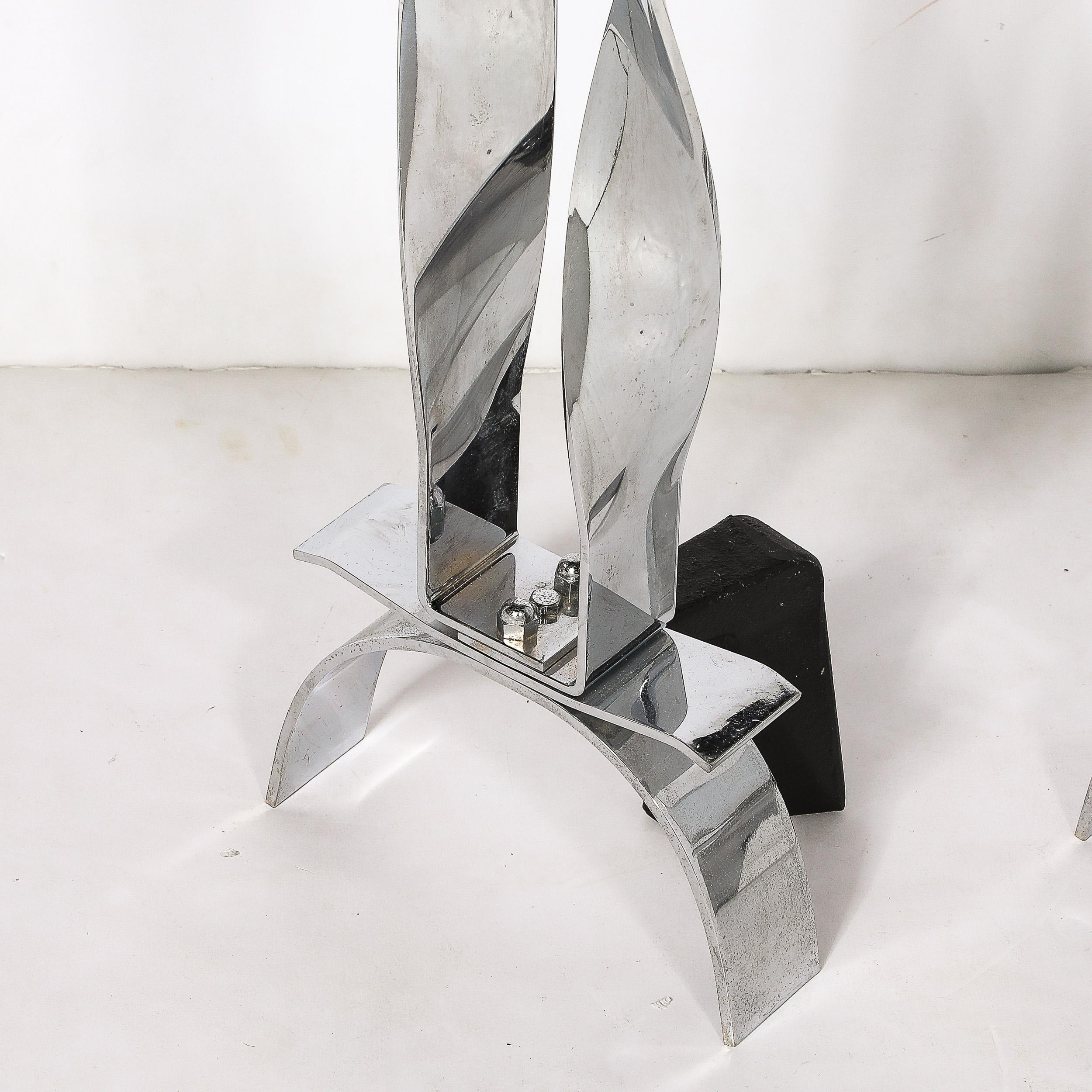 Pair of Mid-Century Modernist Torqued Flame Andirons in Polished Chrome For Sale 1