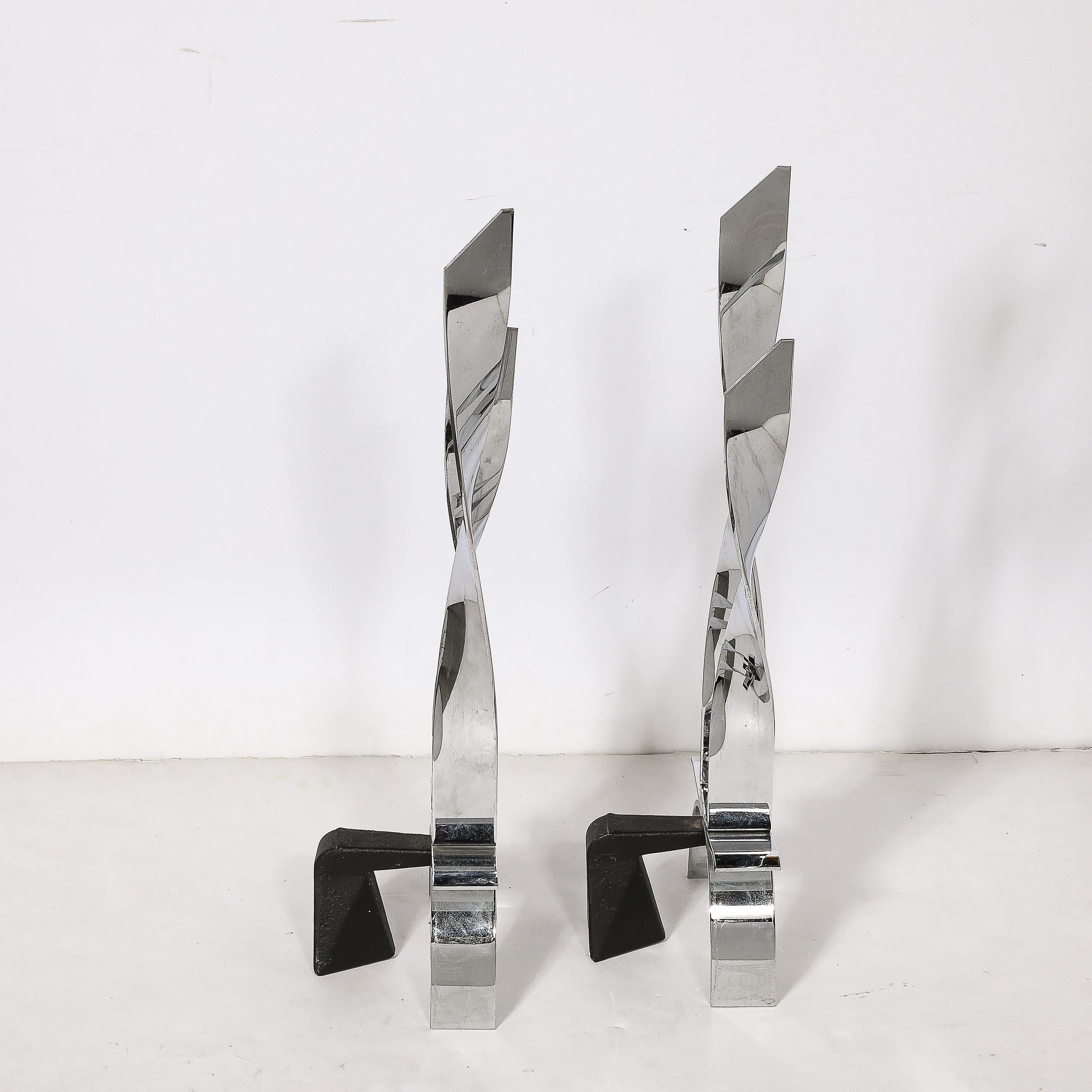 Pair of Mid-Century Modernist Torqued Flame Andirons in Polished Chrome For Sale 3