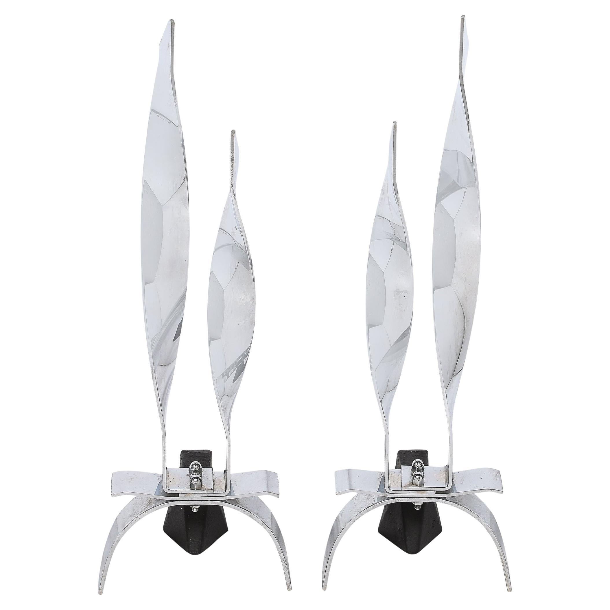 Pair of Mid-Century Modernist Torqued Flame Andirons in Polished Chrome For Sale