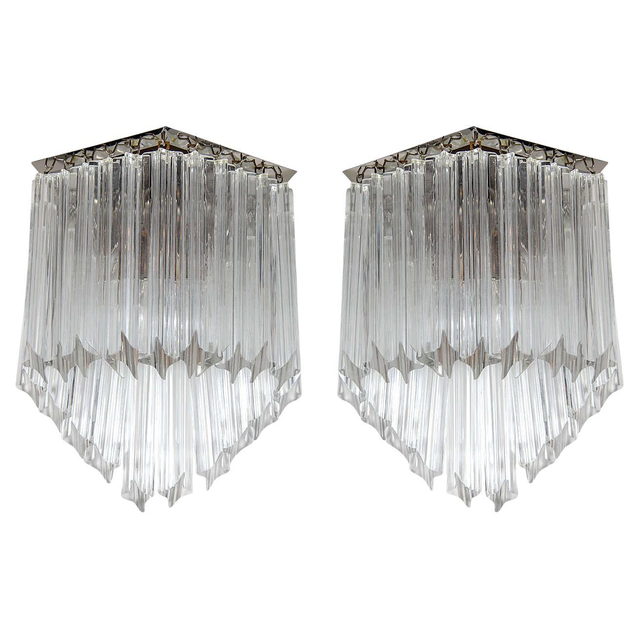 Pair of Mid-Century Modernist Triedre Cut-Crystal Camer Sconces