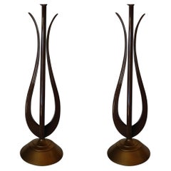 Modernist Harp Shaped Sculptural Walnut and Brass Tone Table Lamp, Pair