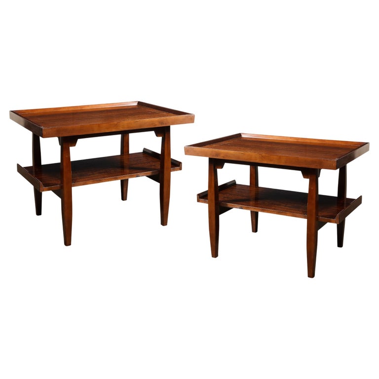 Pair of MidCentury Modernist Two Tier Side Tables in Walnut with