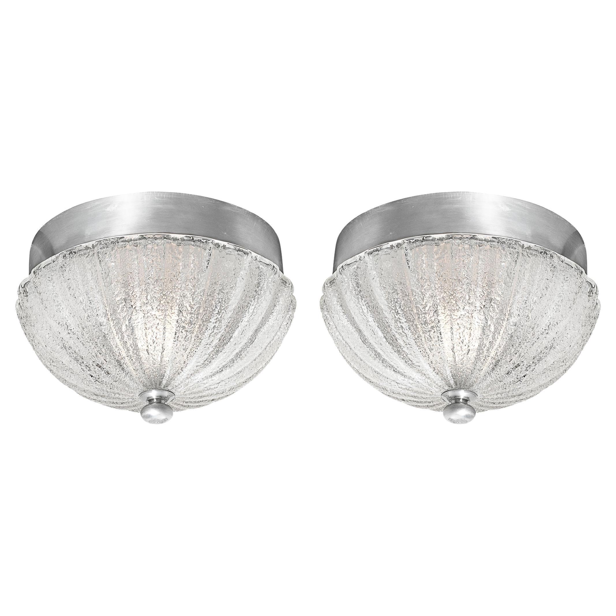 Pair of Mid Century Mottled 
Fluted Murano Glass Flush Mount Chandeliers For Sale