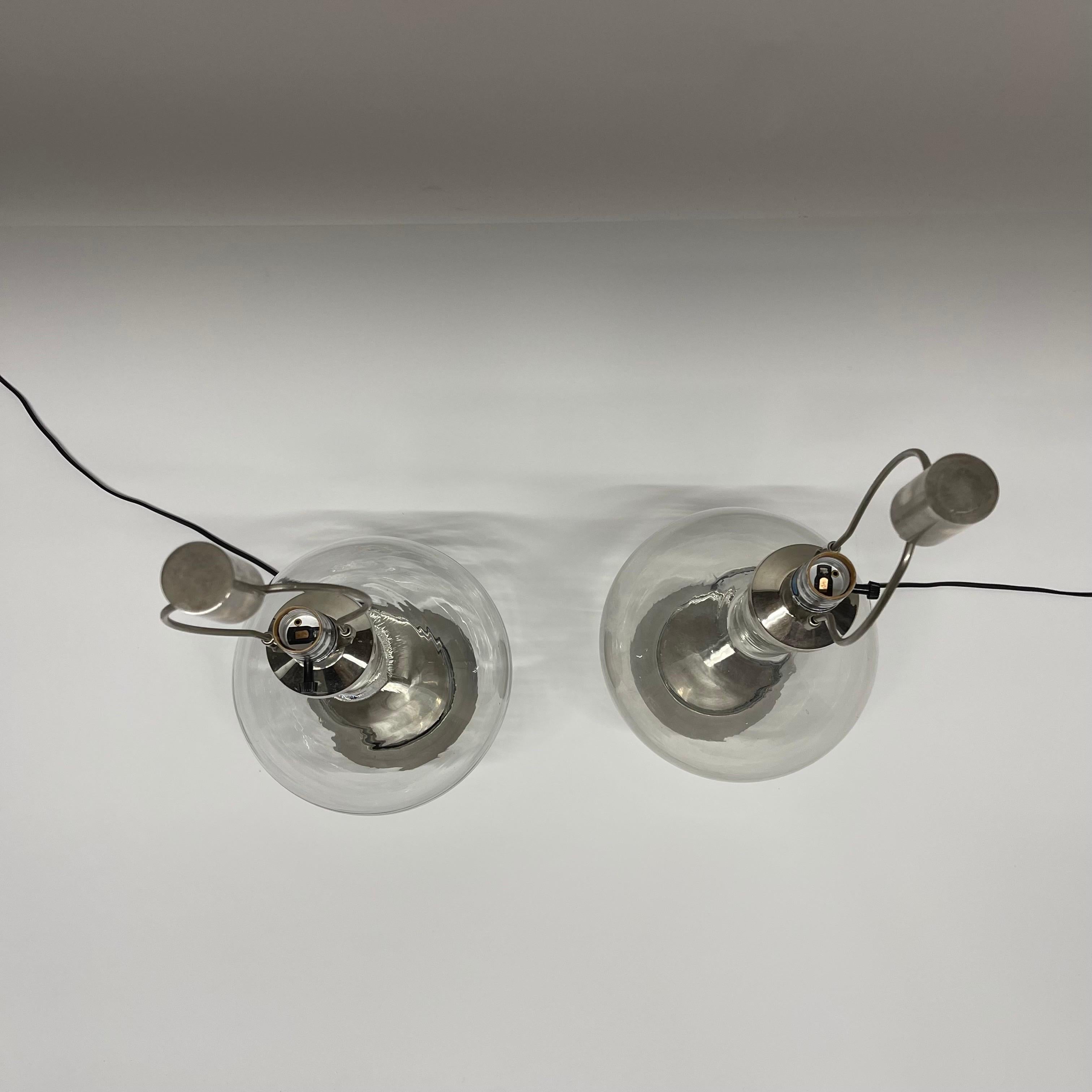 Pair of Mid-Century Mouth Blown Glass and Brushed Nickel Lamp with Paper Shades For Sale 4