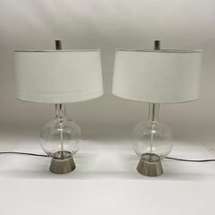Pair of Mid-Century Mouth Blown Glass and Brushed Nickel Lamp with Paper Shades