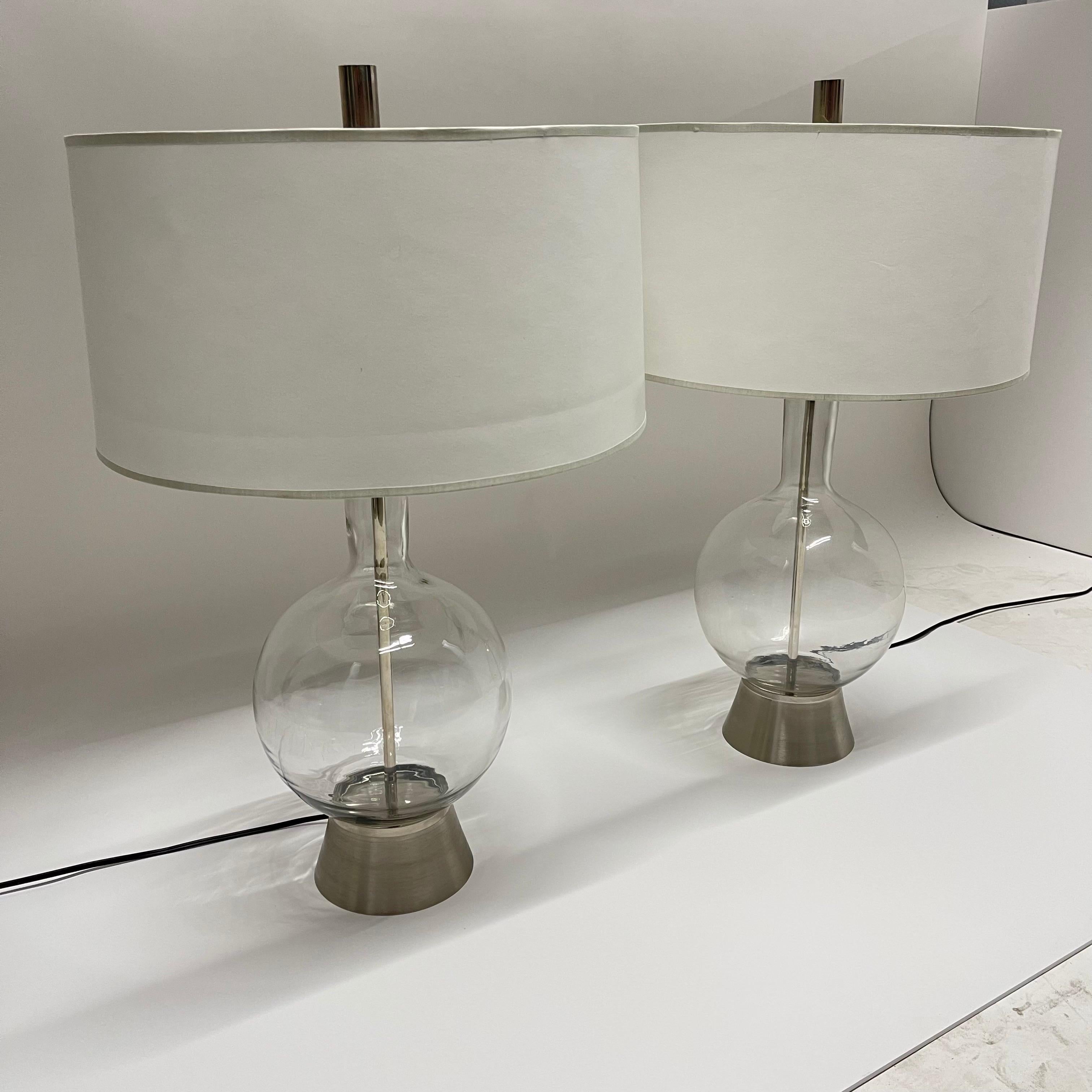 American Pair of Mid-Century Mouth Blown Glass and Brushed Nickel Lamp with Paper Shades For Sale