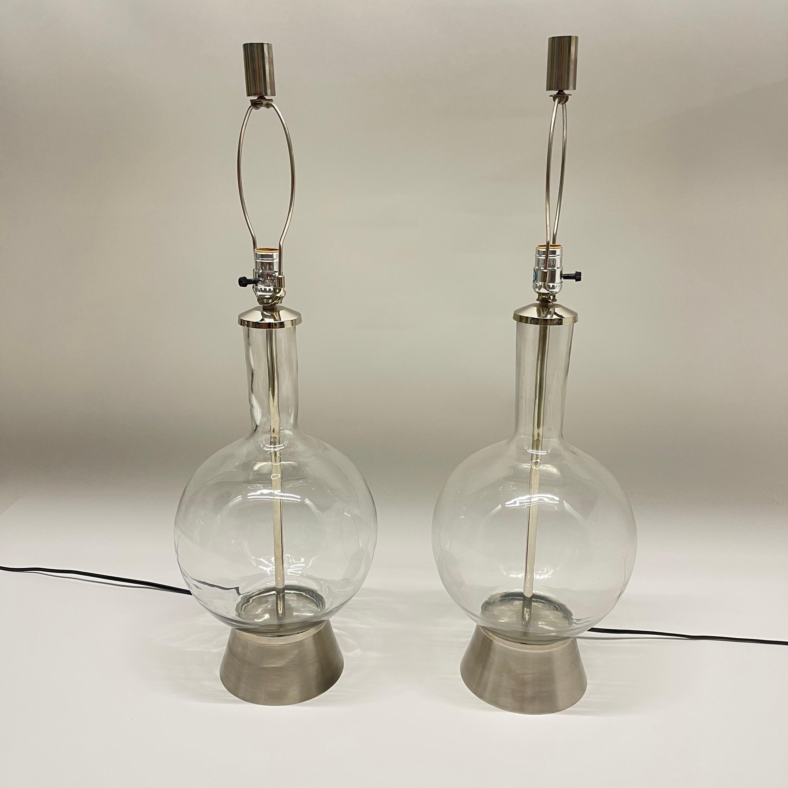 Pair of Mid-Century Mouth Blown Glass and Brushed Nickel Lamp with Paper Shades In Good Condition For Sale In Miami, FL