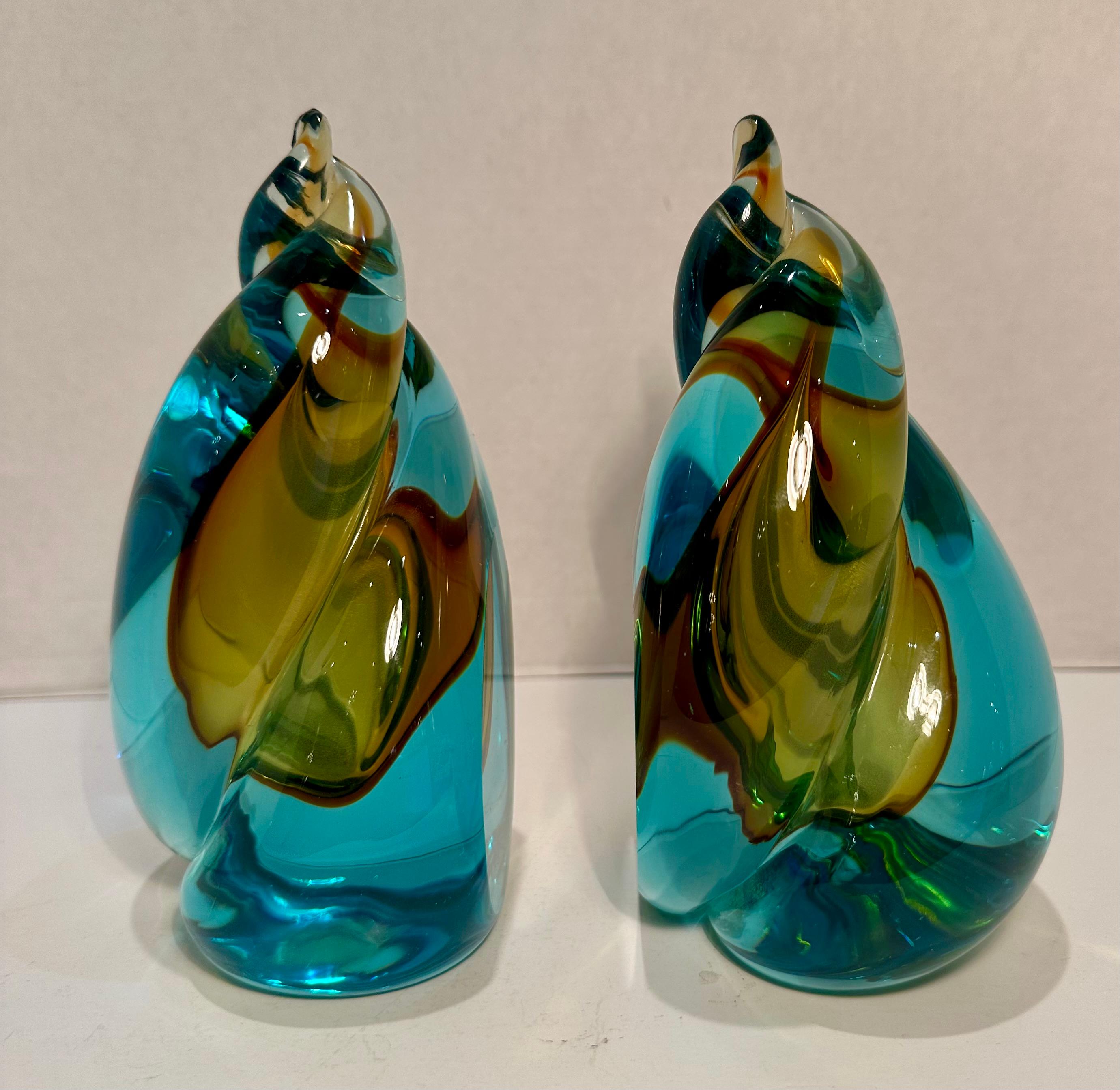 Modern Pair of Mid Century Murano Art Glass Aqua and Gold Vetro Sommerso Book Ends For Sale