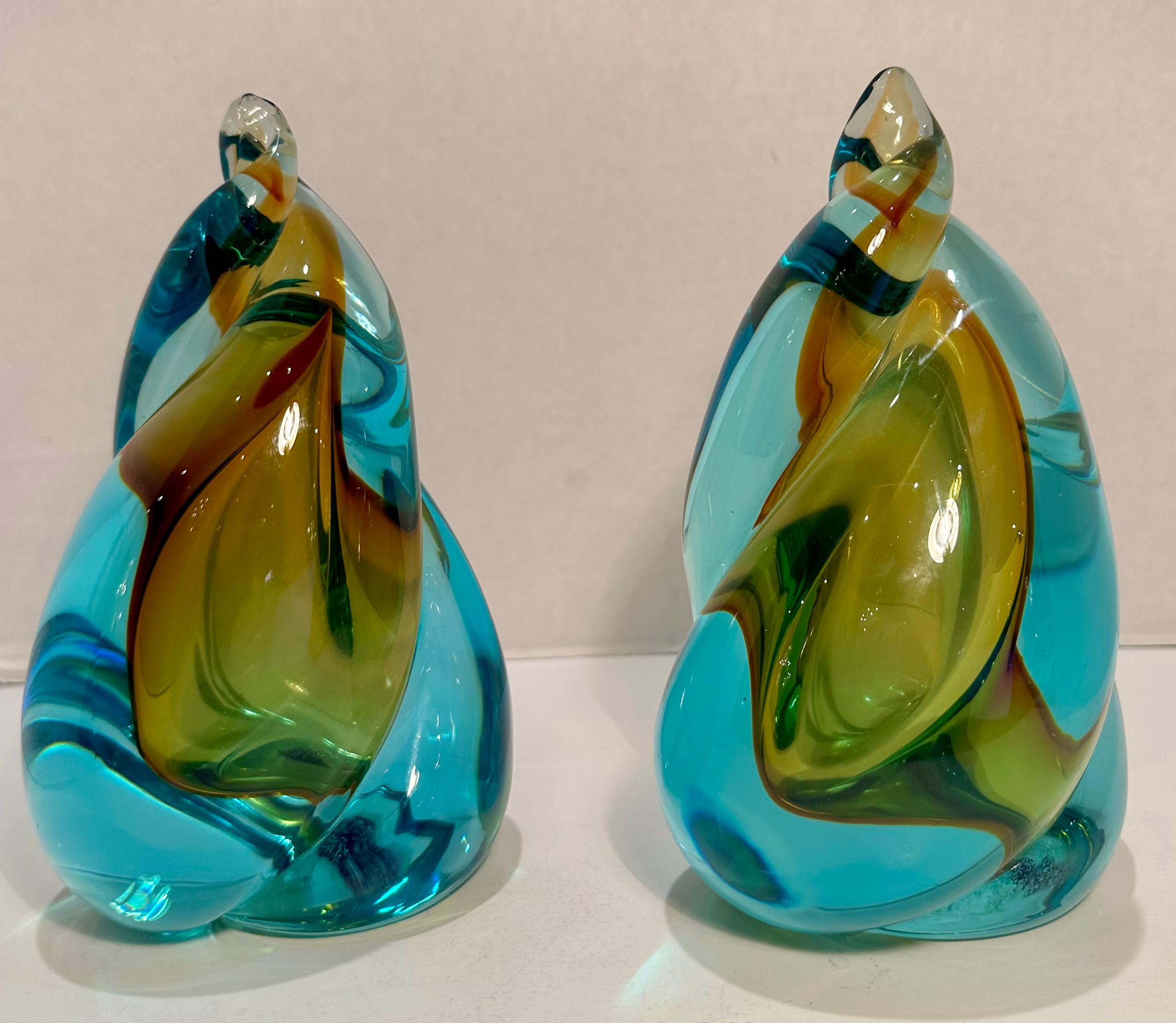 Hand-Crafted Pair of Mid Century Murano Art Glass Aqua and Gold Vetro Sommerso Book Ends For Sale