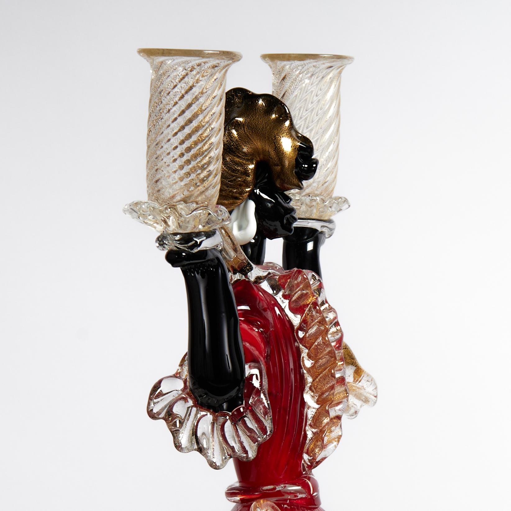Vetro di Murano Coppia di candelieri a figura danzante in vetro di Murano della metà del secolo scorso in vendita