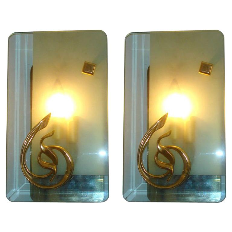 Pair of Mid-Century Murano Glass and Bronze Sconces For Sale