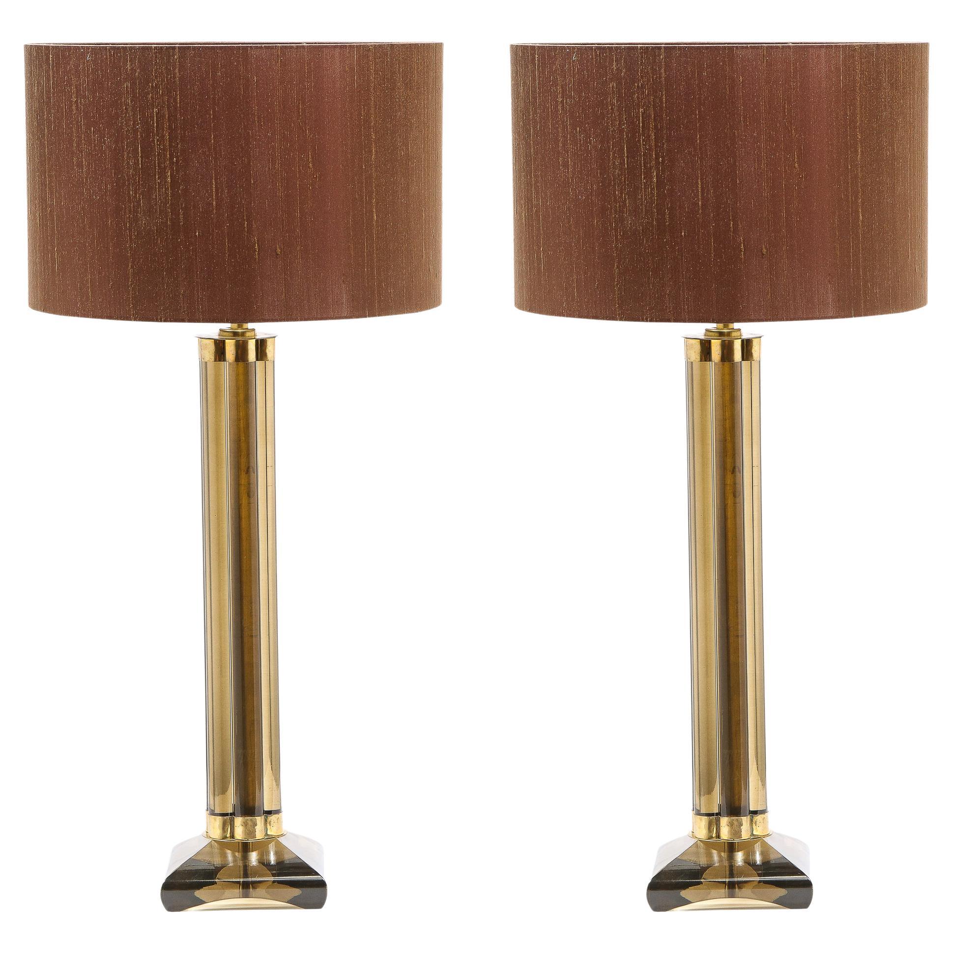 Rare Pair Briard Mosaic Glass Lamps Original Shades Midcentury