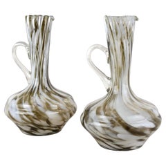 Pair Of Mid Century Murano Glass Vases/ Carafes, White/ Brown - Italy ca. 1960