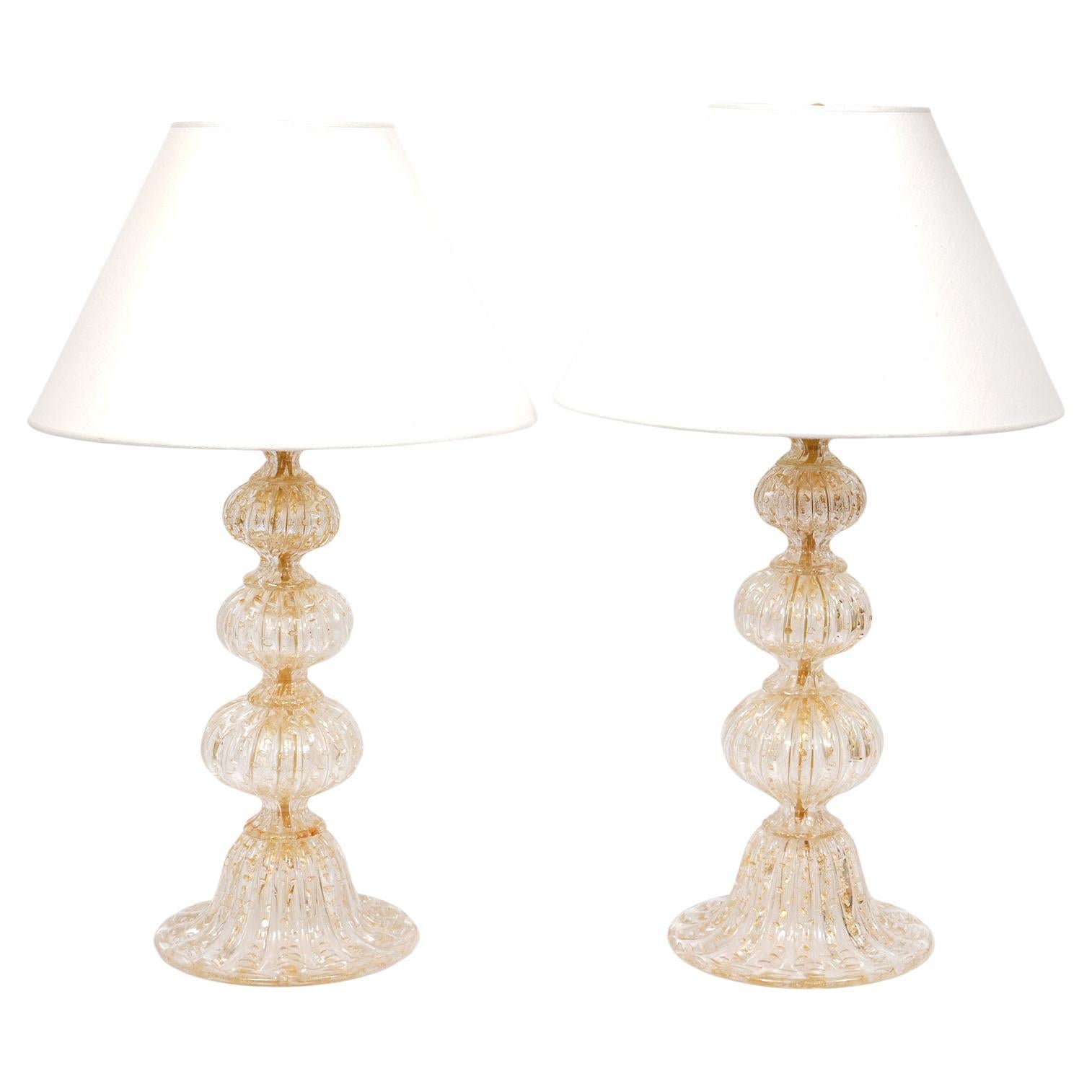 Pair of Mid Century Murano Italian Glass Lamps with Gold Fleck in Ball Form For Sale
