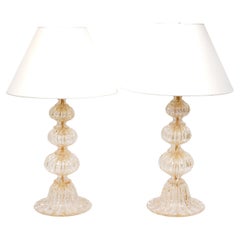 Pair of Mid Century Murano Italian Glass Lamps with Gold Fleck in Ball Form