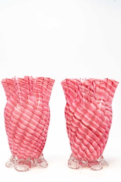 Pair of Mid-Century Murano Pink and White Ribbon Swirl Art Glass Vases with Ruff