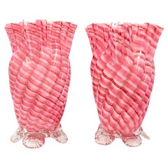 Pair of Mid-Century Murano Pink and White Ribbon Swirl Art Glass Vases with Ruff