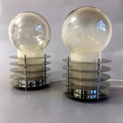 Pair of Mid-Century Murano Smoked Glass Chromed Discs Table Lamp, Italy, 1970s