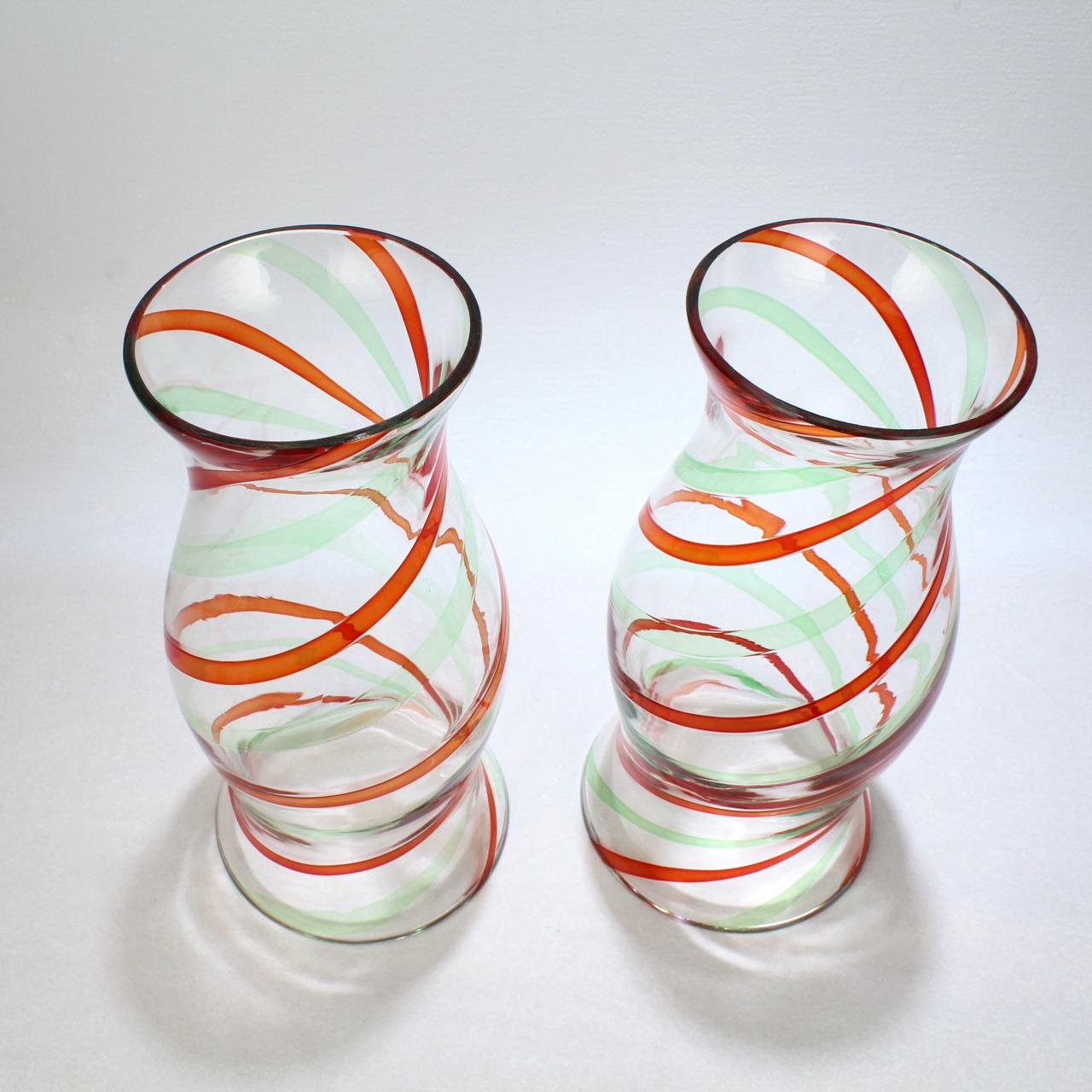 20th Century Pair of Mid-Century Murano / Venetian Fasce Ritorte Glass Hurricane Lamp Shades