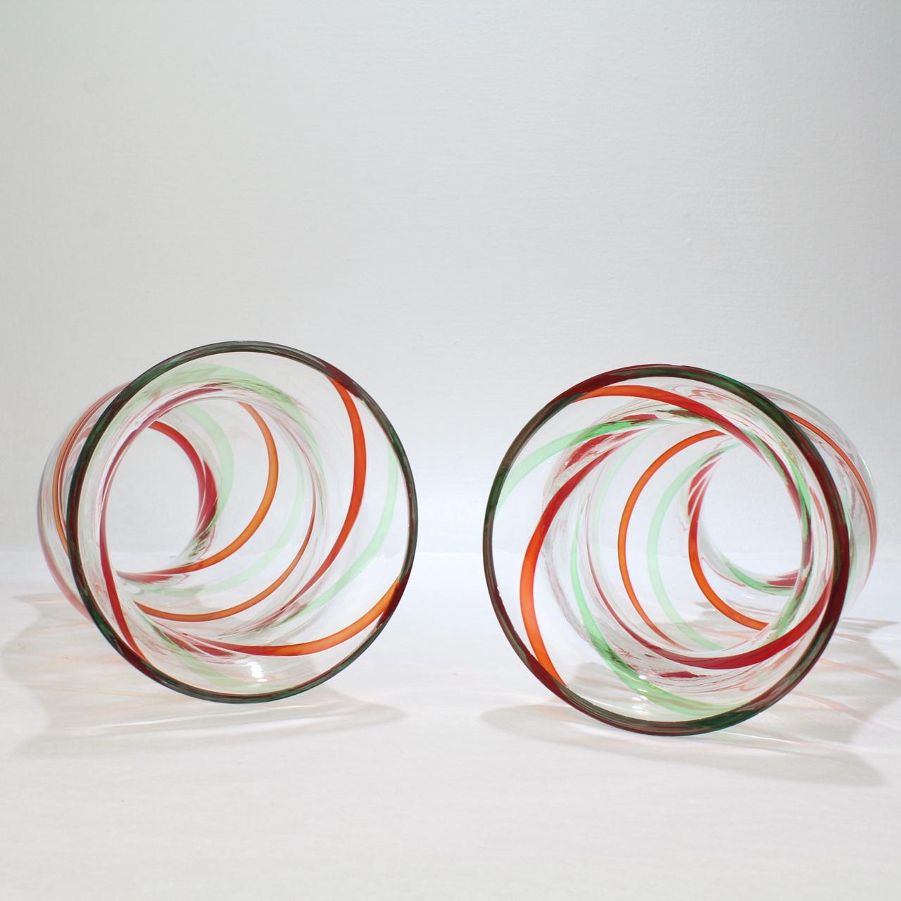 Art Glass Pair of Mid-Century Murano / Venetian Fasce Ritorte Glass Hurricane Lamp Shades