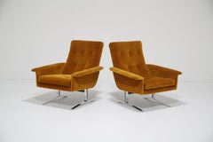 Pareja de Sillones Lounge de Terciopelo Mostaza de Mitad de Siglo, Guy Rodgers, Años 70.