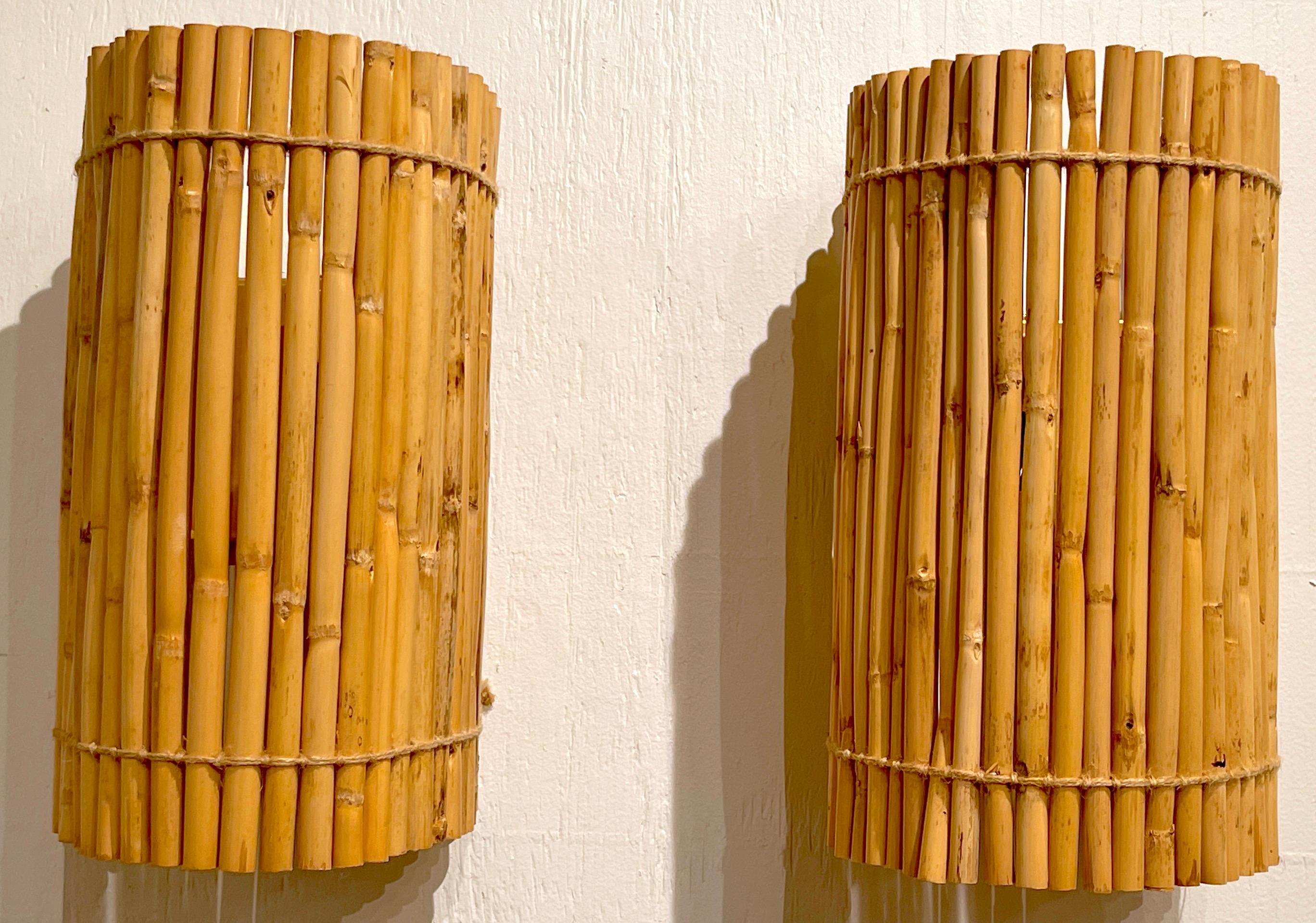 American Pair of Mid-Century Natural Bamboo & Woven Rope Wall Sconces, 3 Pair Available 