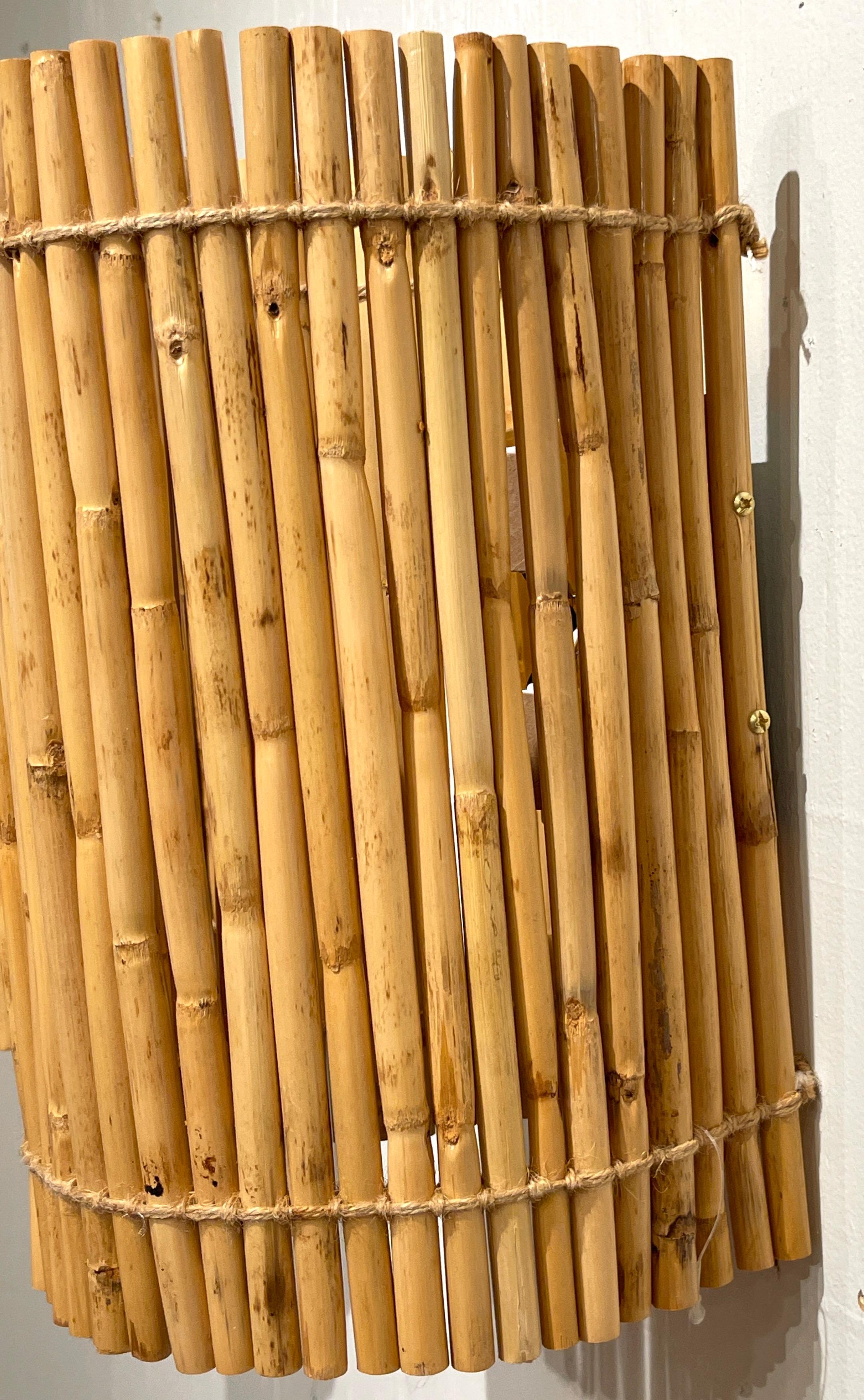 Pair of Mid-Century Natural Bamboo & Woven Rope Wall Sconces, 3 Pair Available  In Good Condition In West Palm Beach, FL