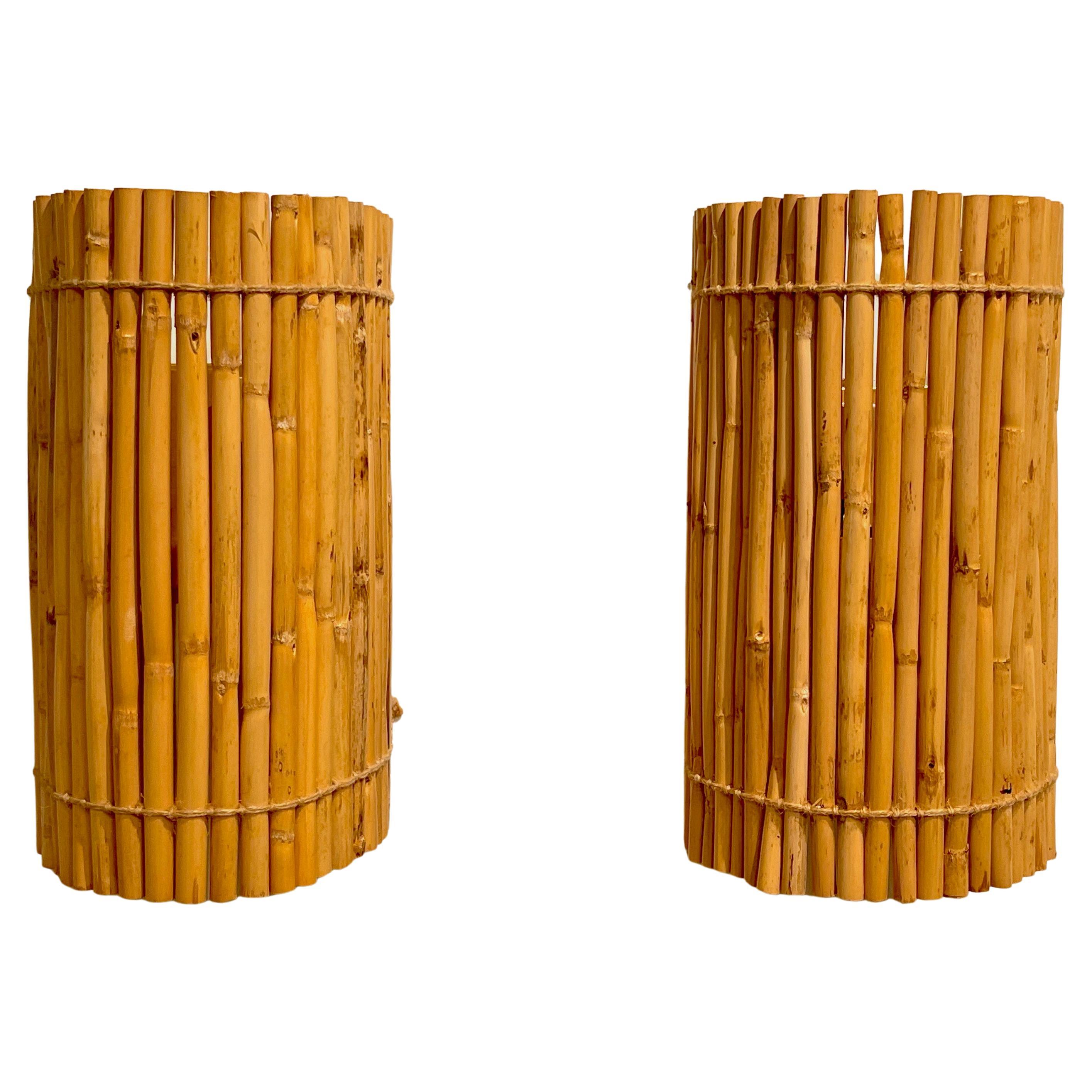 Pair of Mid-Century Natural Bamboo & Woven Rope Wall Sconces, 3 Pair Available 