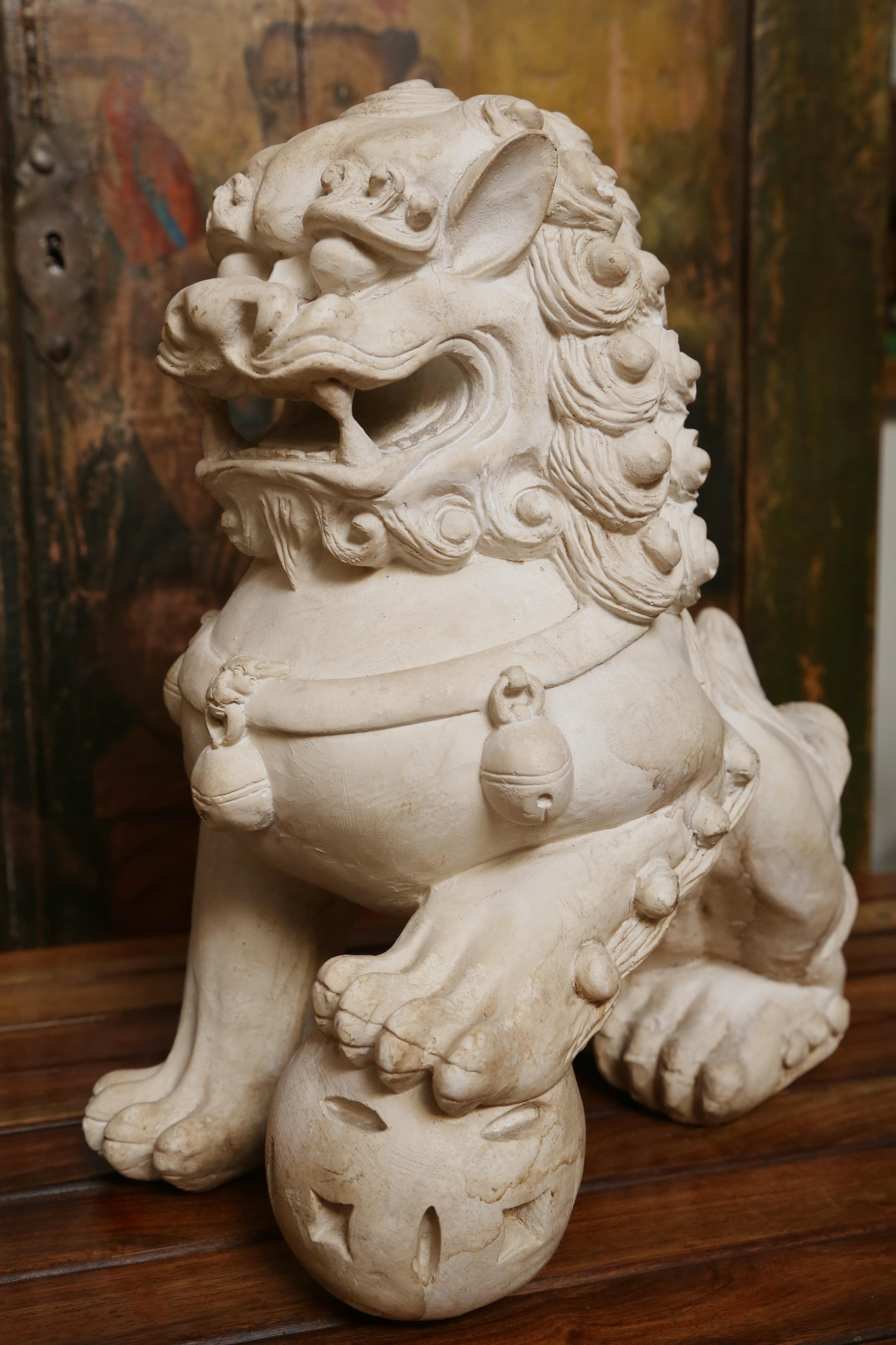 Chinese Pair of Mid Century Natural Bisque Foo Dogs