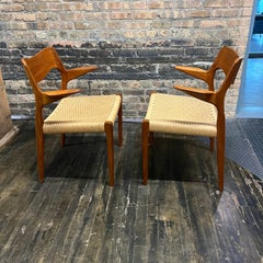 Pair of Mid-Century Niels Moller Model 55 Teak Captain's Chairs with Cord Seats