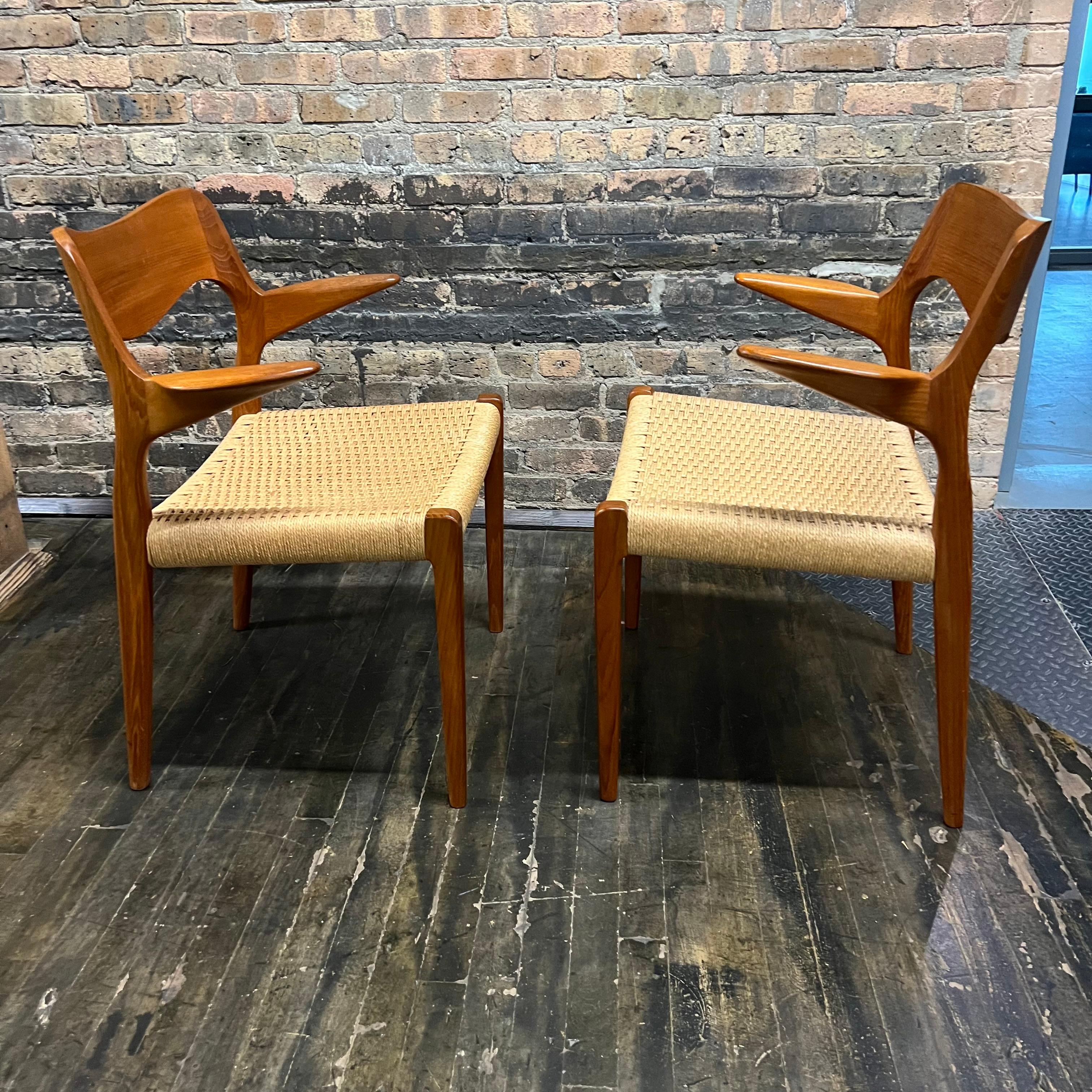 Woven Pair of Mid-Century Niels Moller Model 55 Teak Captain's Chairs with Cord Seats For Sale